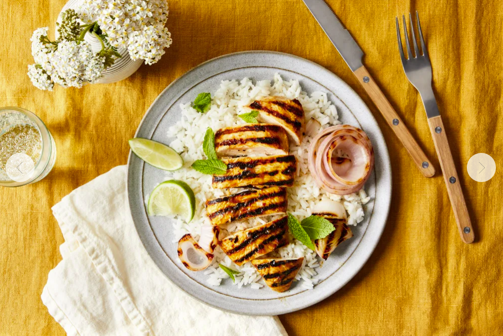 FOOD52: SPICY MANGO CHICKEN WITH GRILLED ONIONS & RICE. PHOTO: TY MECHAM. PROP STYLIST: VERONICA OLSON. FOOD STYLIST: YOSSI AREFI.