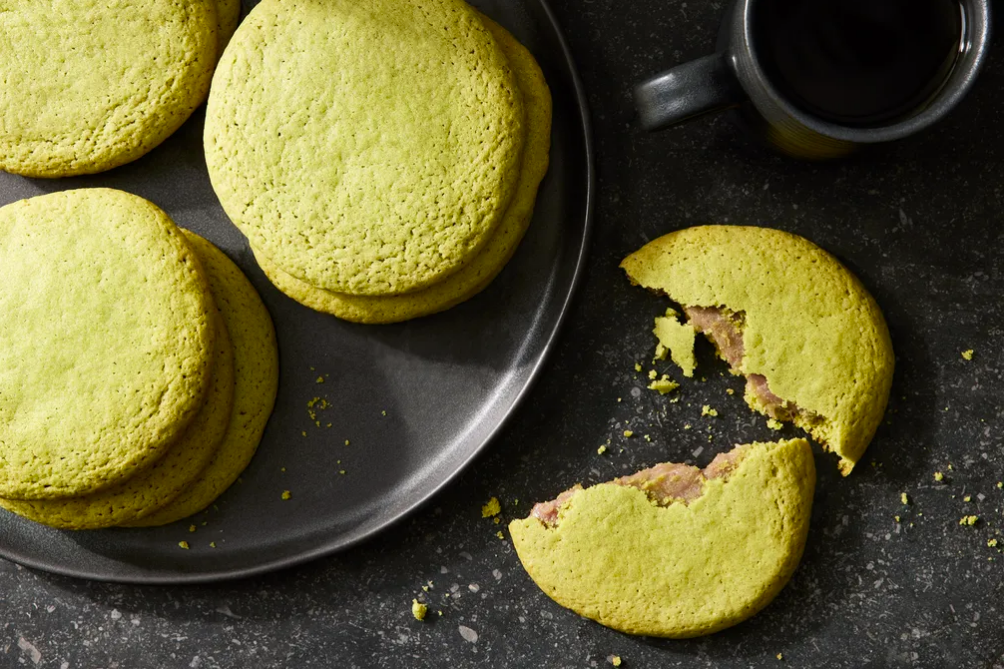 FOOD52: RASPBERRY MOCHI-STUFFED MATCHA COOKIES. PHOTO: MARK WEINBERG. PROP STYLING: AMANDA WIDIS. FOOD STYLING: ANNA BILLINGSKOG.