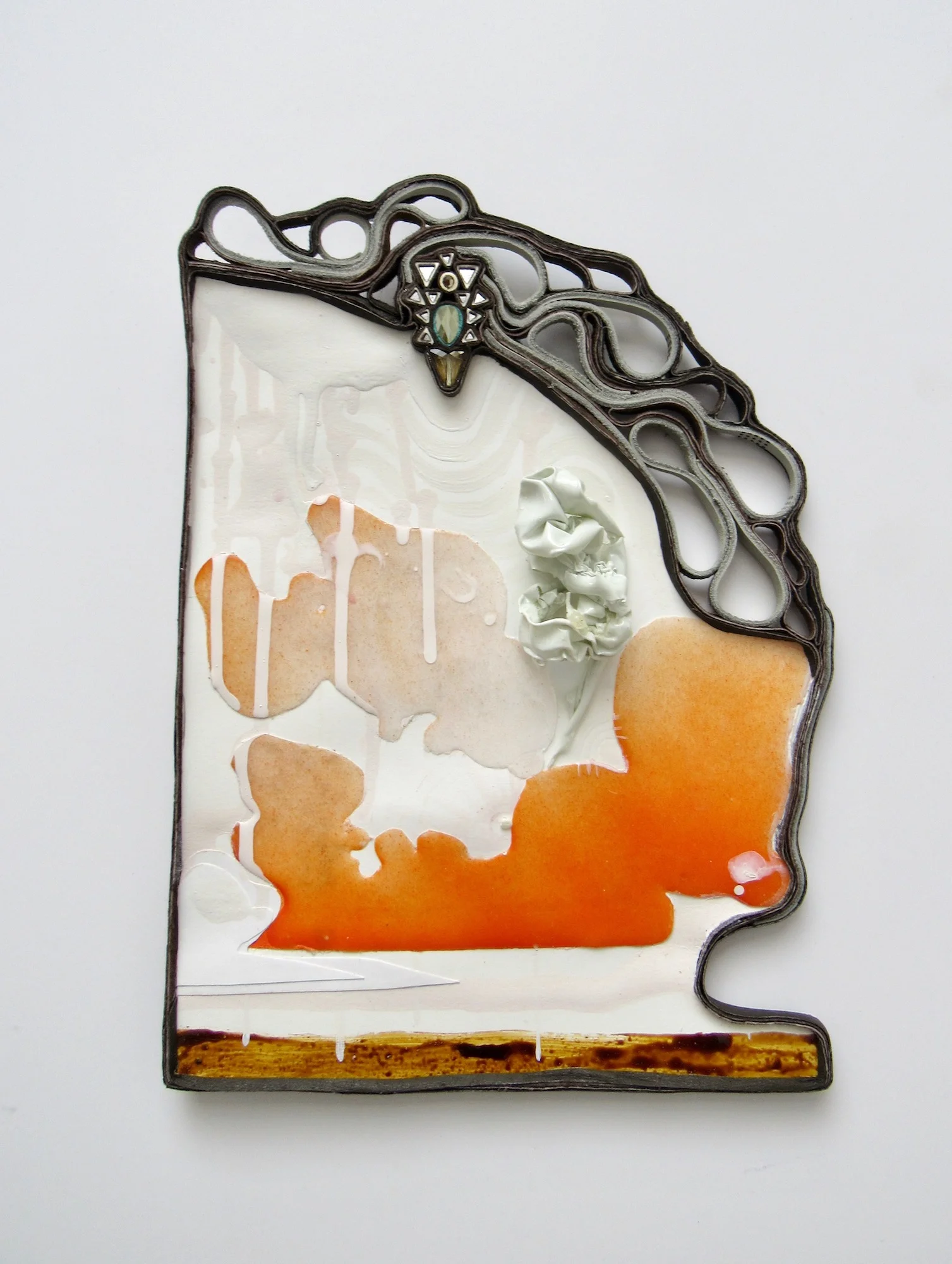 Past: Future Landscape 2 2019 Resin and acrylic on paper, leather, crystal, latex ballon, shellac. 11 x 8 x 2 inches