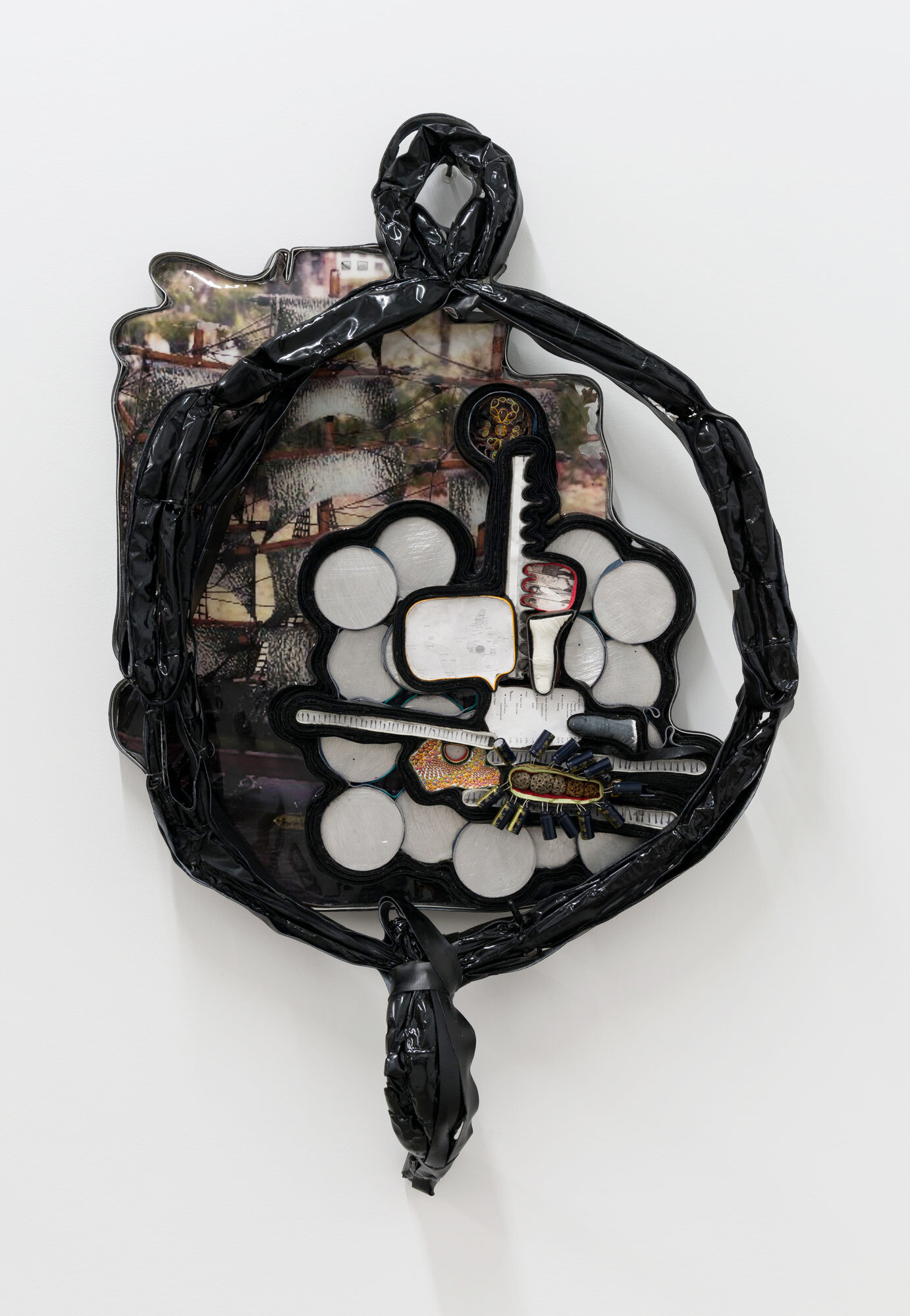  Alicia Piller  Gene Permutations  2019 Vinyl, leather, latex balloons, digital photographs, recycled batteries, Melaleuca Globifera seeds, metal, resin, and glass 40h x 27w x 3 1/2d in 