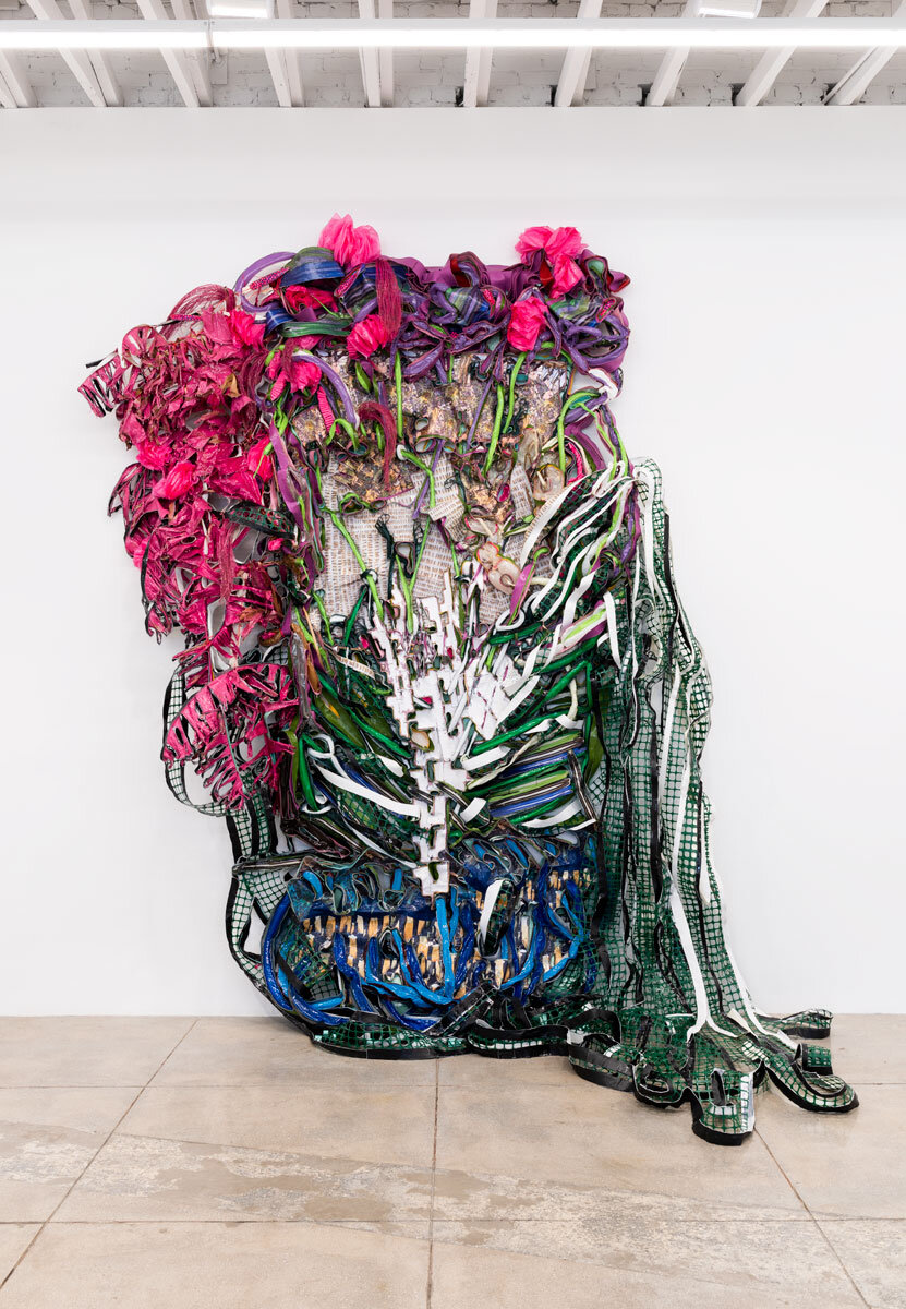  Alicia Piller  Nature of a stately being. Outstretched arms, bursting with newborn stars.  2019 Latex balloons, resin, digital prints on recycled paper, gel medium, recycled paper, recycled plastic bags, dried plants, green safety netting, spray pai