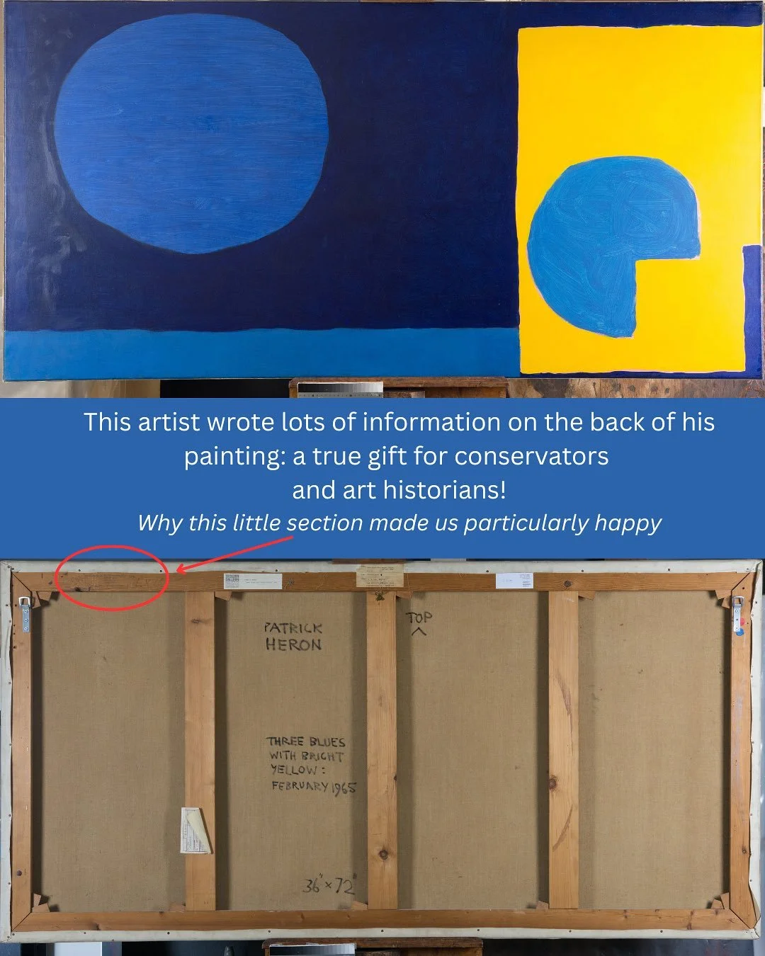 Three Blues with Bright Yellow, February 1965 by Patrick Heron

This painting came to us with deformations in the canvas, which we resolved through the controlled application of humidity and localised pressure. 

It&rsquo;s a beautiful composition, a