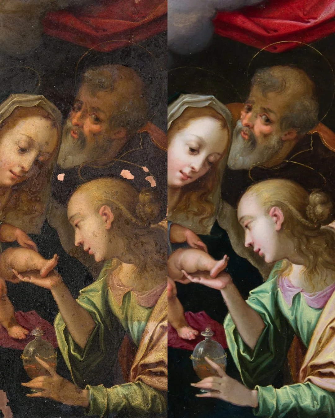 The Holy Family with Saint Catherine by Hans von Aachen is painted on an exceptionally thin sheet of copper. While copper preserves paint layers with jewel-like clarity, its flexibility often leads to flaking and loss. In this case, areas around Sain