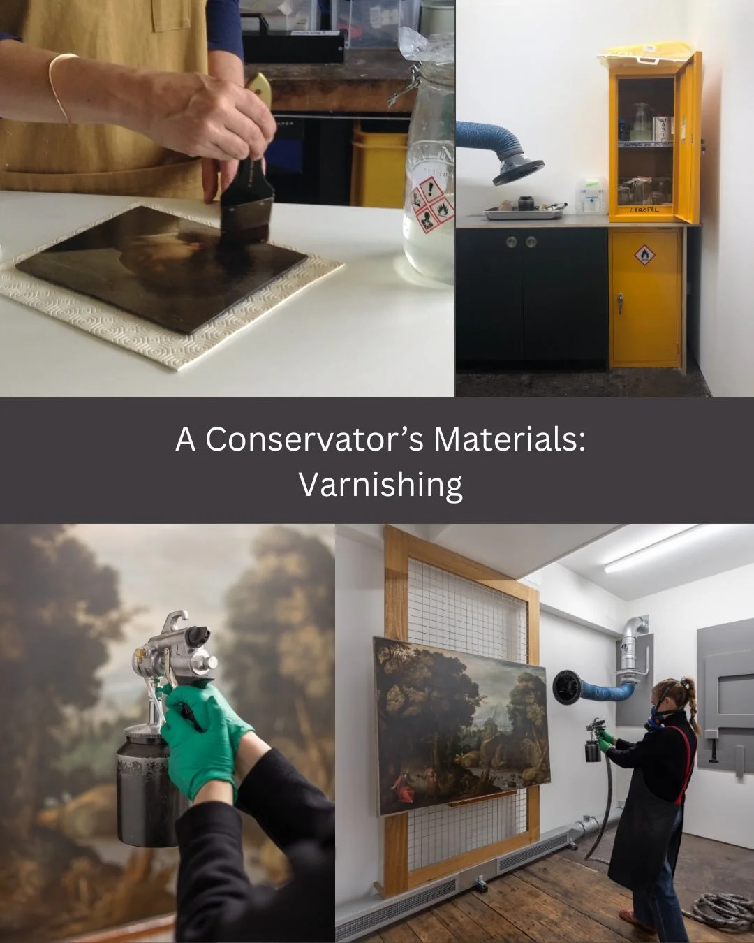 Varnishes are protective layers of clear resin applied on top of the paint layers; they act as barriers between the environment and the paint layer, but also have an aesthetic function of saturating the paint layer (think of picking up a pebble on a 