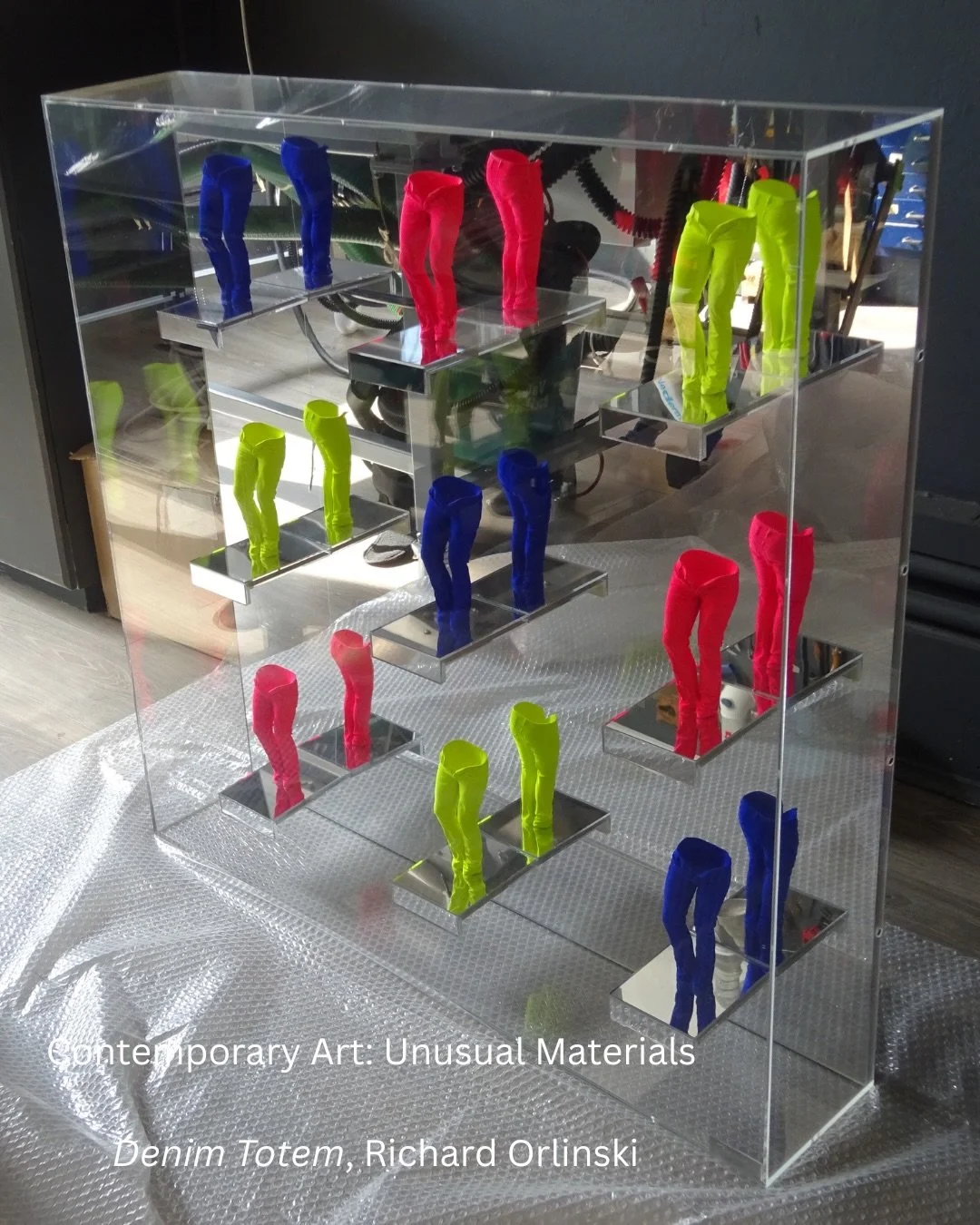 This contemporary project shows a dramatic before and after. 

The artwork Denim Totem by Richard Orlinski was brought to Simon Gillespie Studio having suffered serious damage due to poor packing and handling. The artwork is made up of a mirrored bac