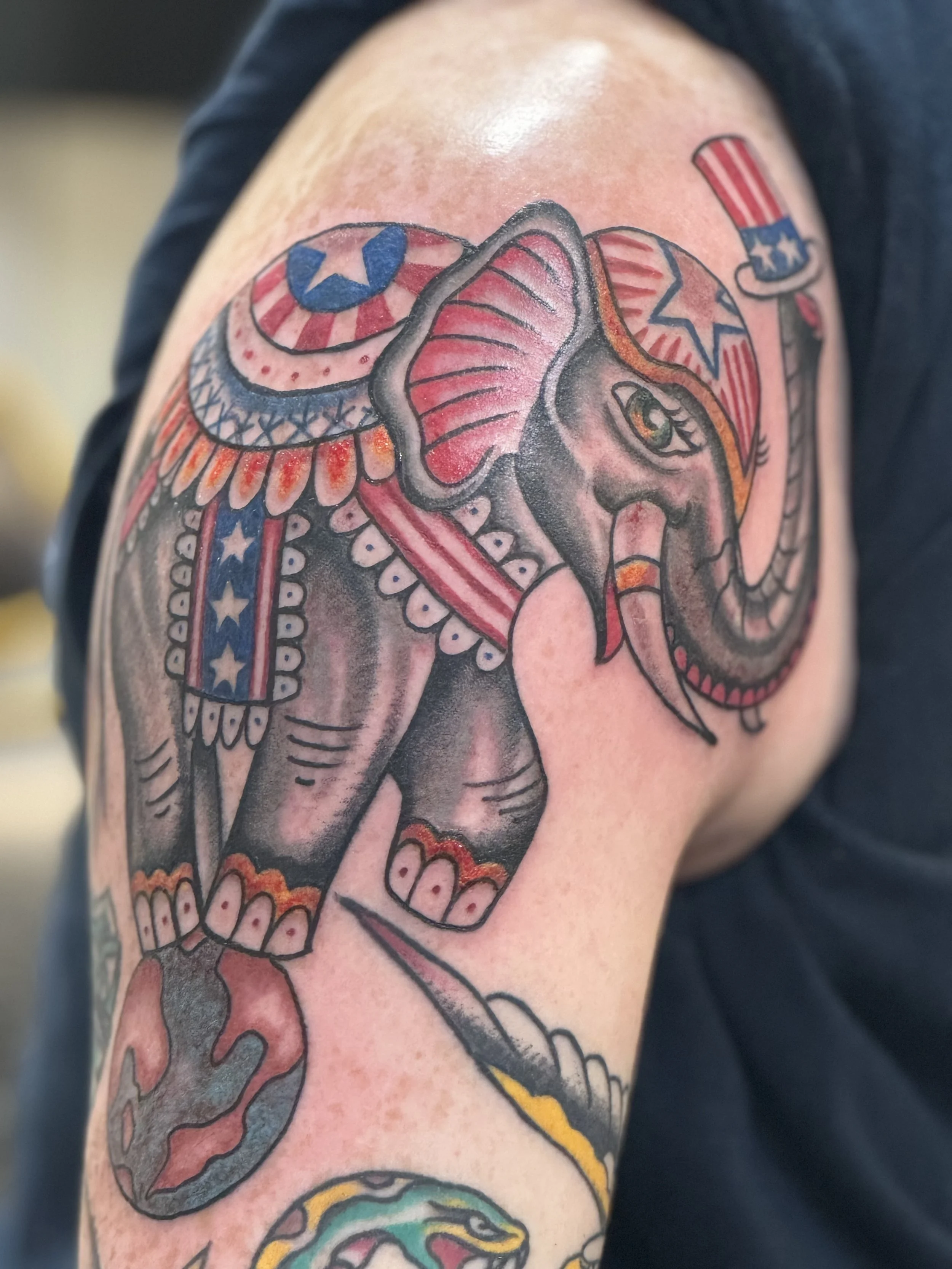 American Traditional Elephant Tattoo by Tyler Kraiss