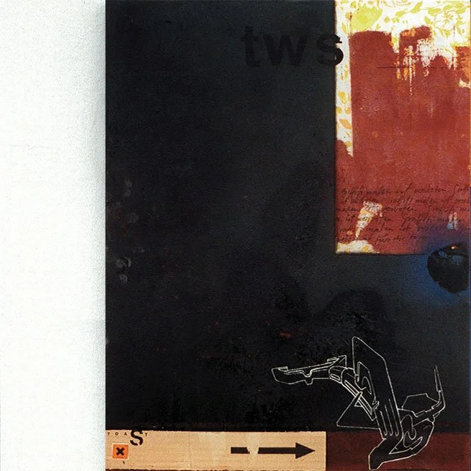 Mixed media canvas with multi-layered structures and graffiti elements.