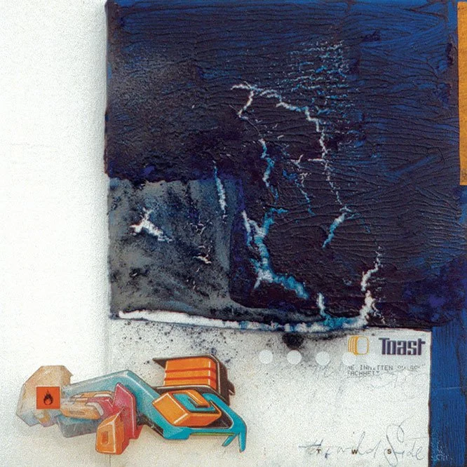 Mixed media canvas entitled “Ocean” with multi-layered structures and graffiti elements.