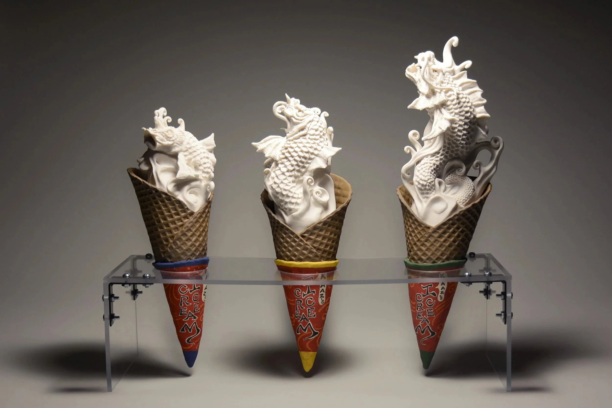 Small, Medium, Large 18 in. (46 cm) in length, stoneware, porcelain, underglaze, glaze, fired to cone 6, 2017