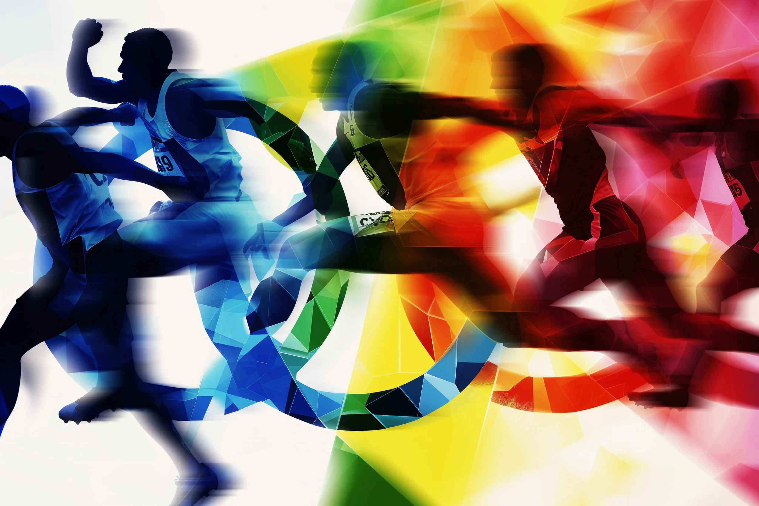 Abstract relay runners passing the baton, symbolizing life transitions, faith, purpose, and moving forward together in community.