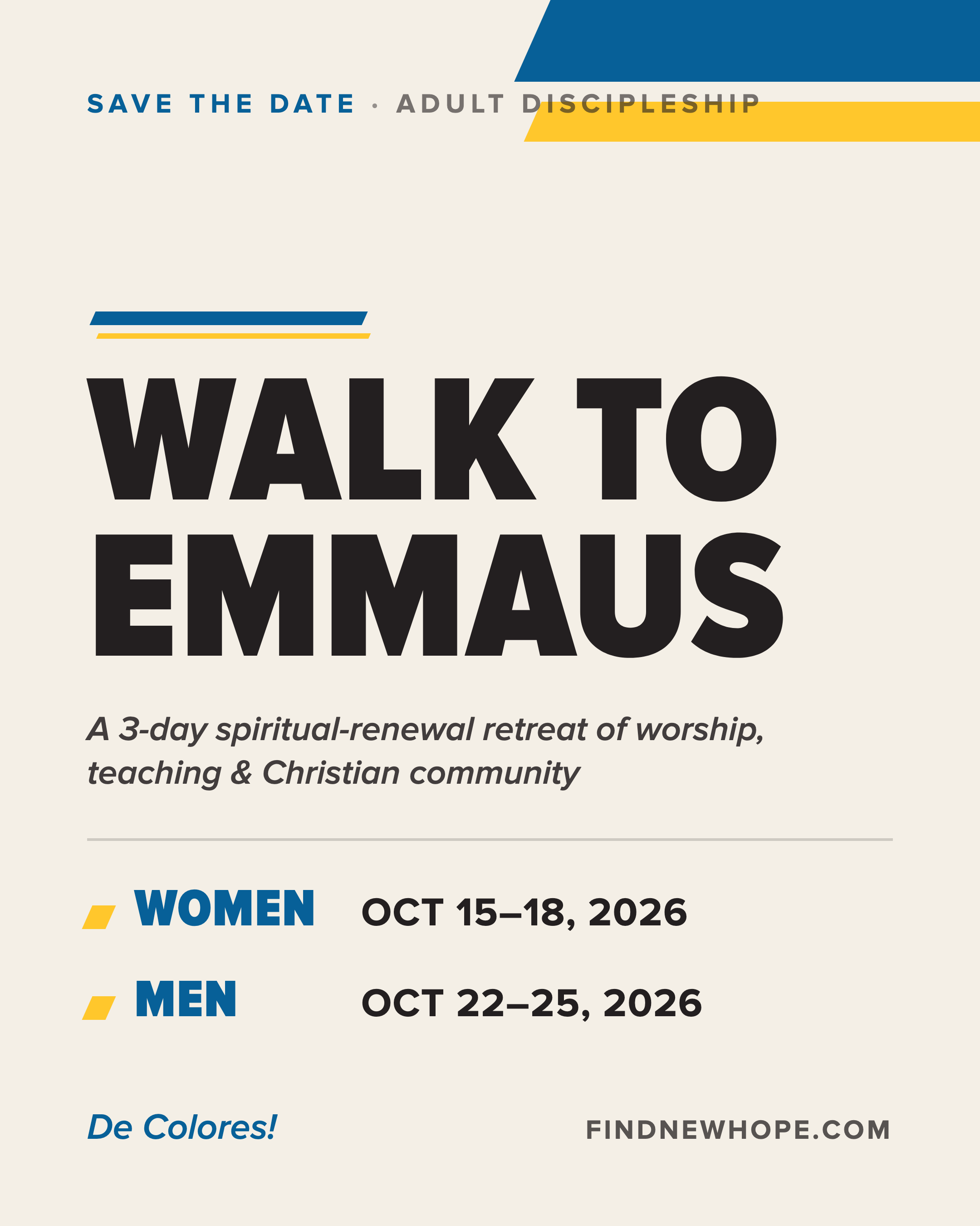 Walk to Emmaus 2026: Save the Date for the Men's and Women's Weekends