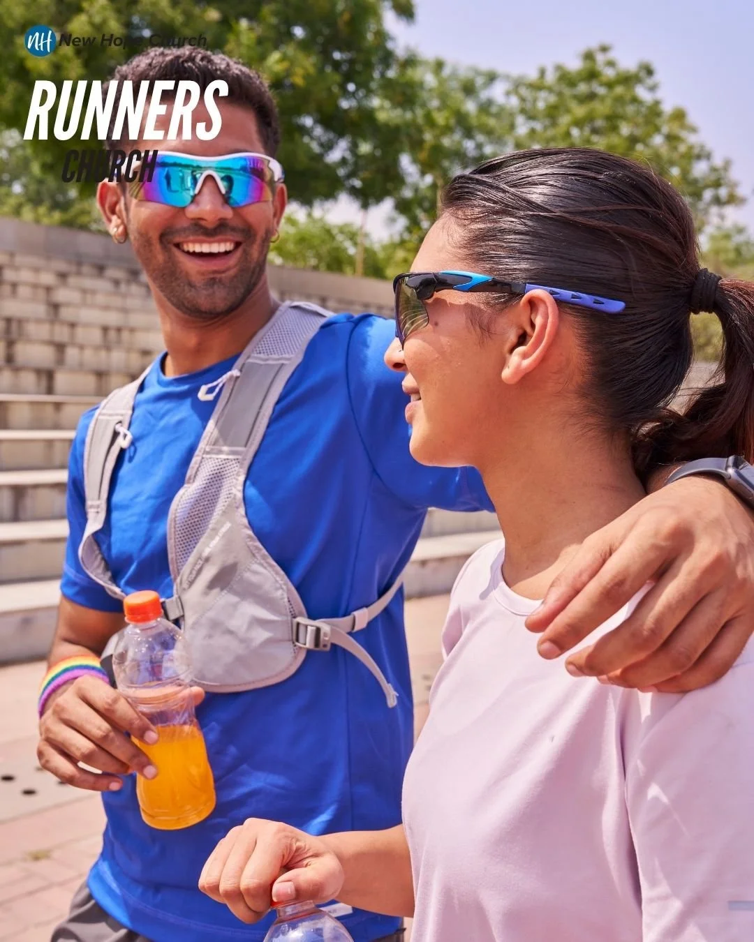 Two runners together on a trail, smiling and encouraging each other, representing the joy and companionship of the Christian journey from the Runner's Church devotional Run the Race, Enjoy the Journey.