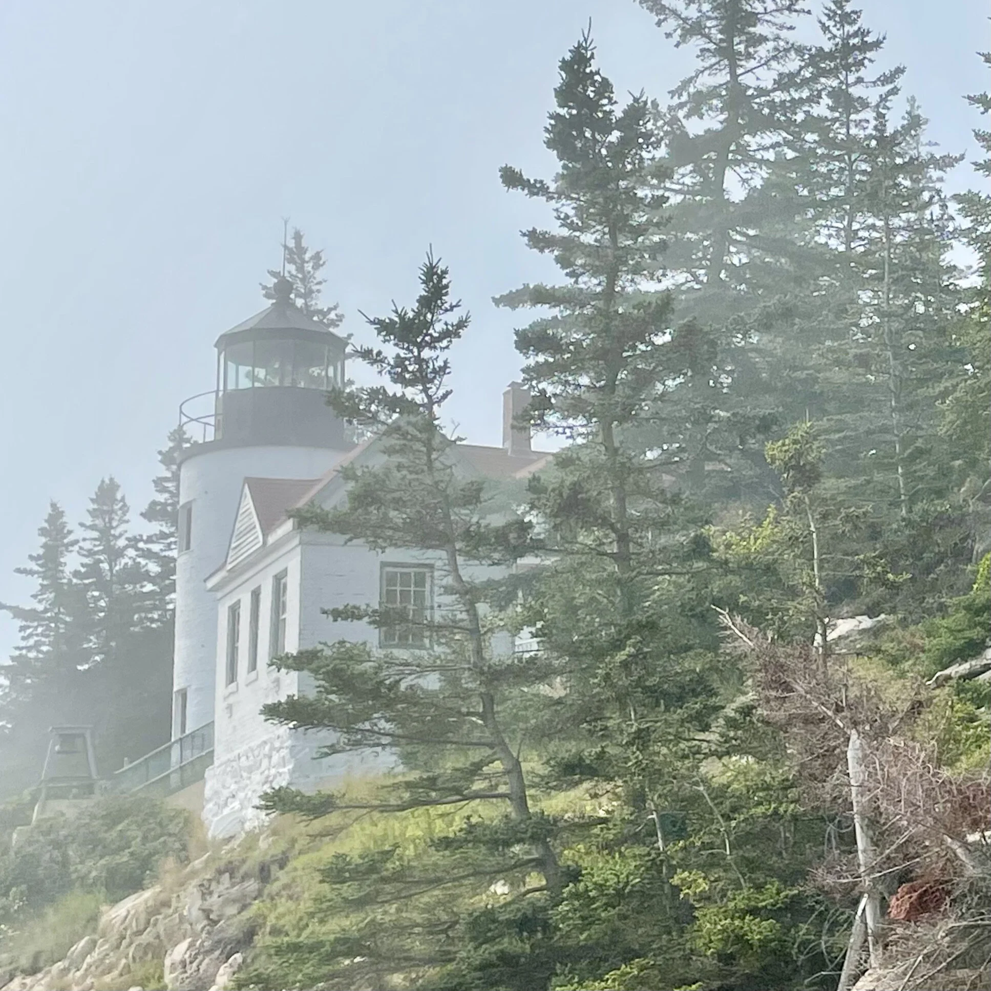 Bass Harbor Head Lighthouse on a foggy afternoon