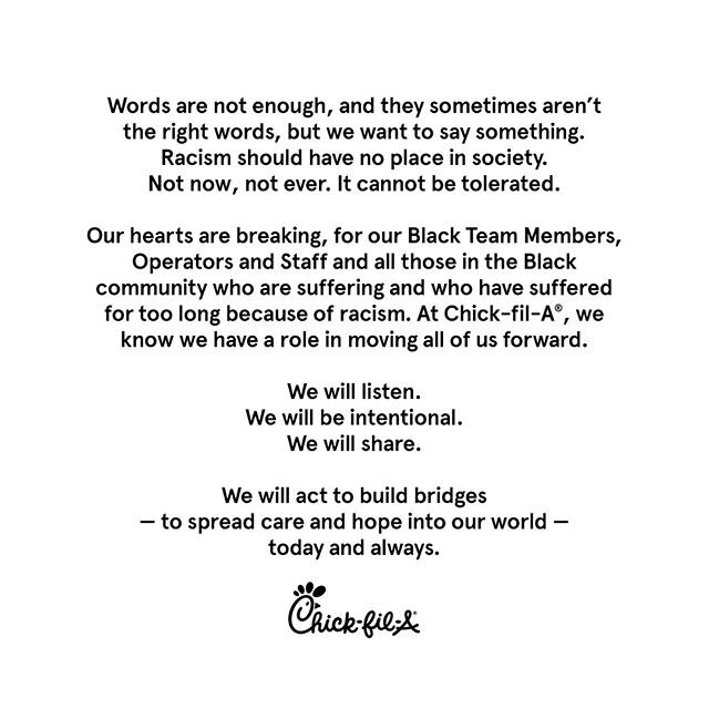 We invite you to read more including personal thoughts and reflections from our CEO Dan Cathy: www.chick-fil-a.com/cfaresponds