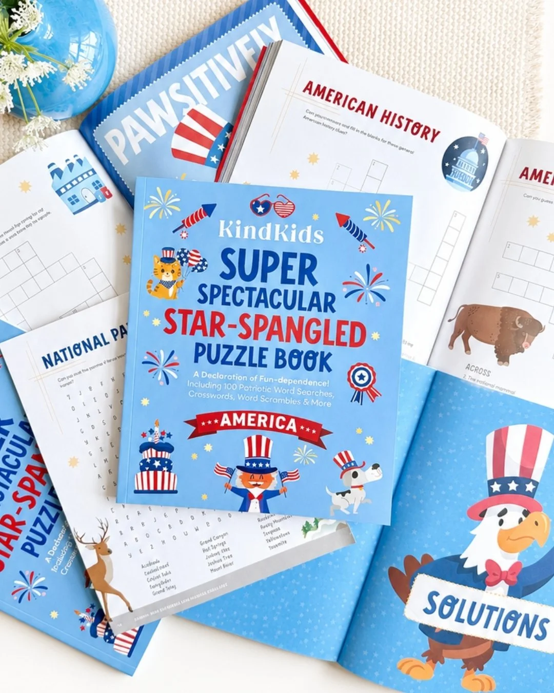 Coming Soon 🇺🇸: KINDKIDS SUPER SPECTACULAR STAR-SPANGLED PUZZLE BOOK! Help kids learn about and celebrate what makes the United States of America so inspiring with 100 puzzles including word searches, crosswords, and word scrambles! Perfect for Mem