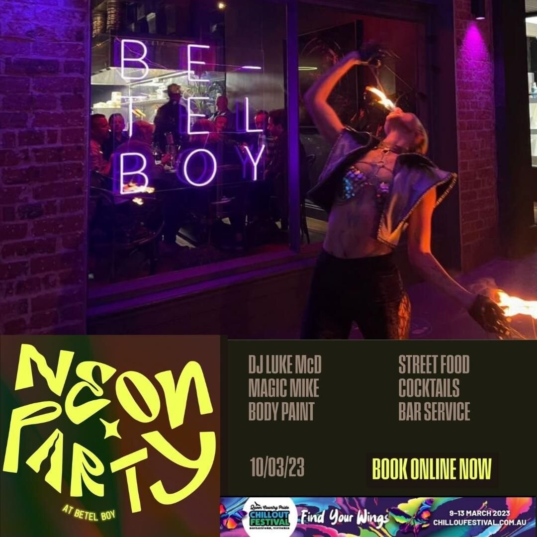 Betel Boy Annual Chillout event kicks off next friday with a NEON party: UV face/body painting by award-winning artist @innercolour, Signature Betel Boy Cocktails, and Dj Luke McD

We have a few tickets still available @betelboy.com.au

$60 pp includ