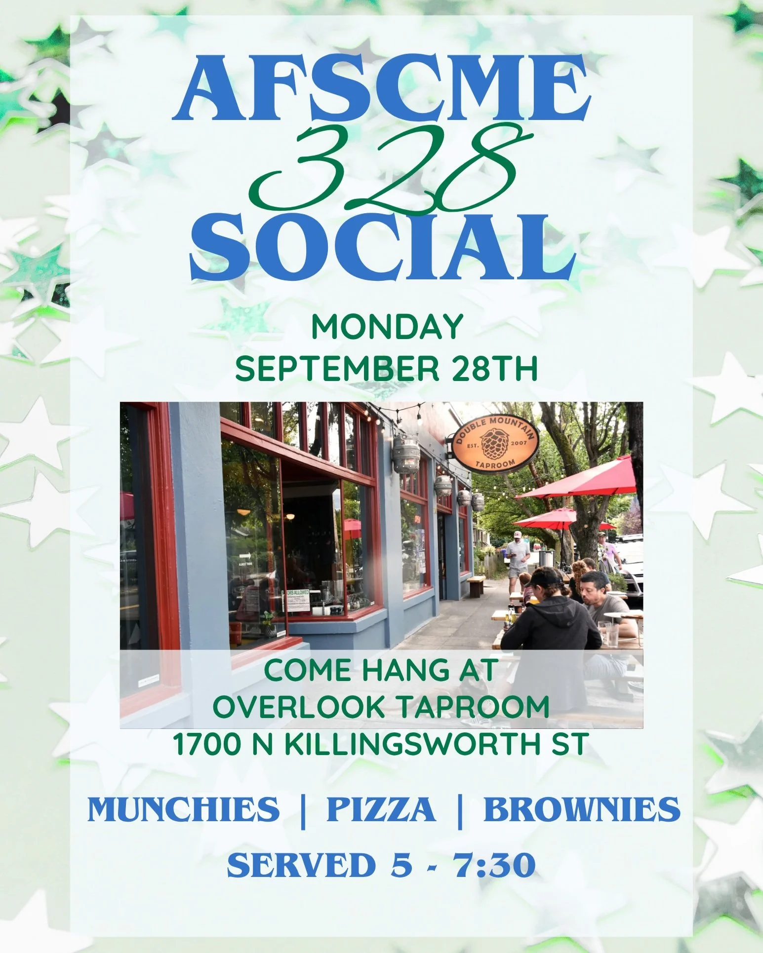 All employees represented by AFSCME local 328 are welcome to join for snacks and camaraderie each month on the 28th. Our first social will be next Monday, September 28th at Overlook Taproom (1700 N. Killingsworth St). This will be a no-host bar/event