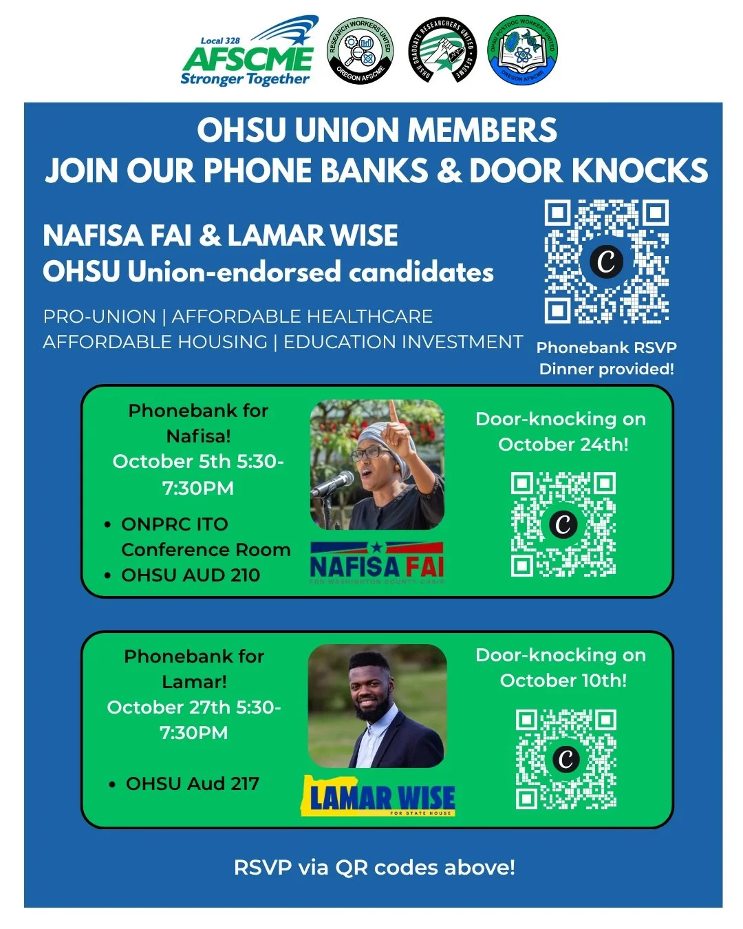 Join us throughout October as we phone bank and canvas to get the word out about our union-endorsed candidates! RSVP links can also be found on our linktree in bio!