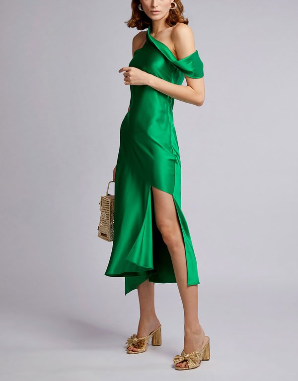 Martina Asymmetric Satin Midi Dress