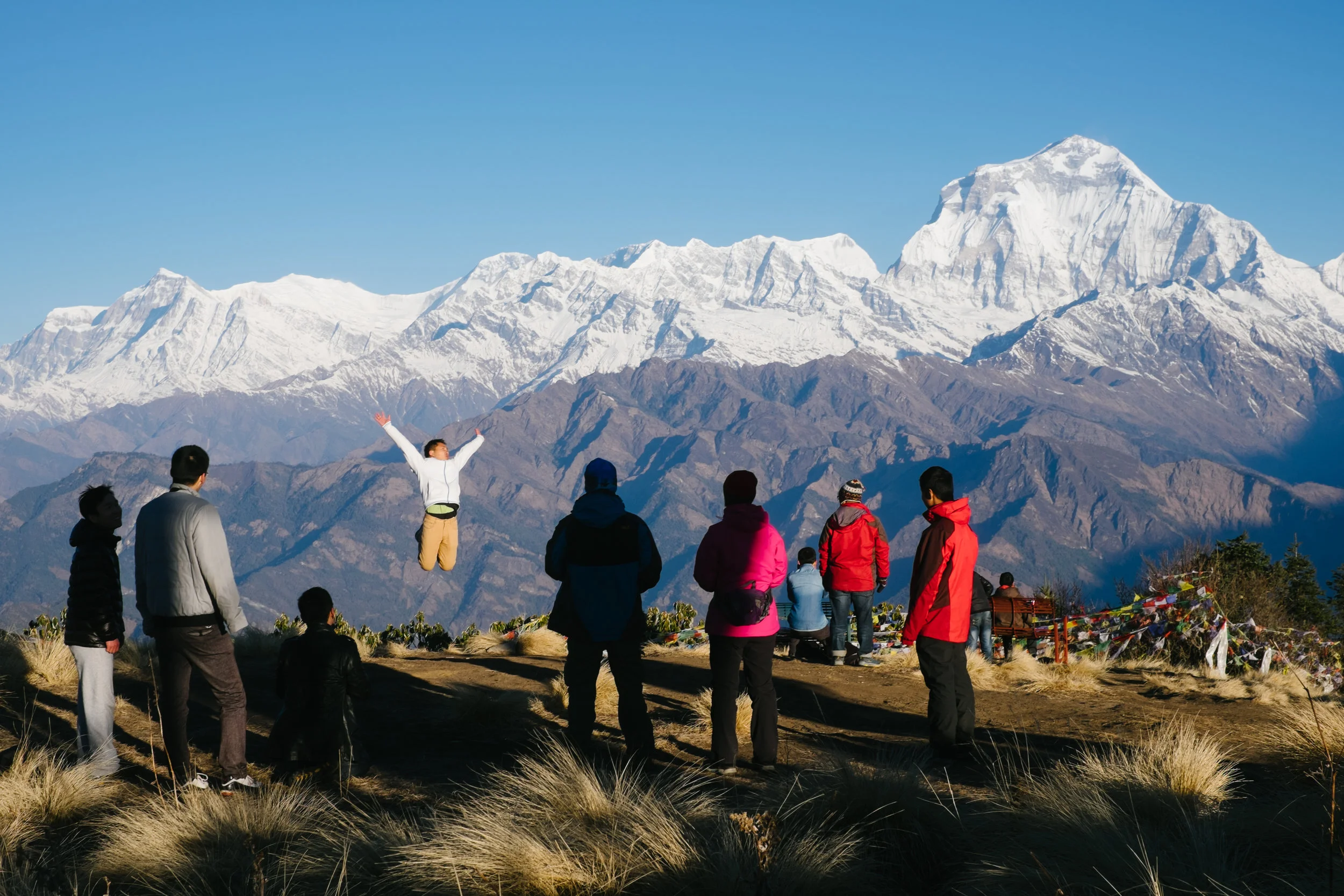 Overjoyed trekkers at the summit of Poon Hill