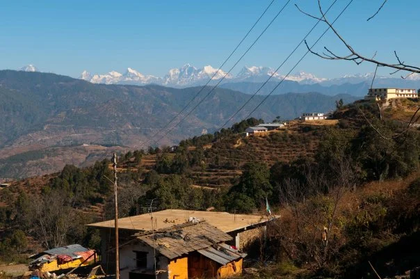 The Himalayas, crossing the border into India and beyond.