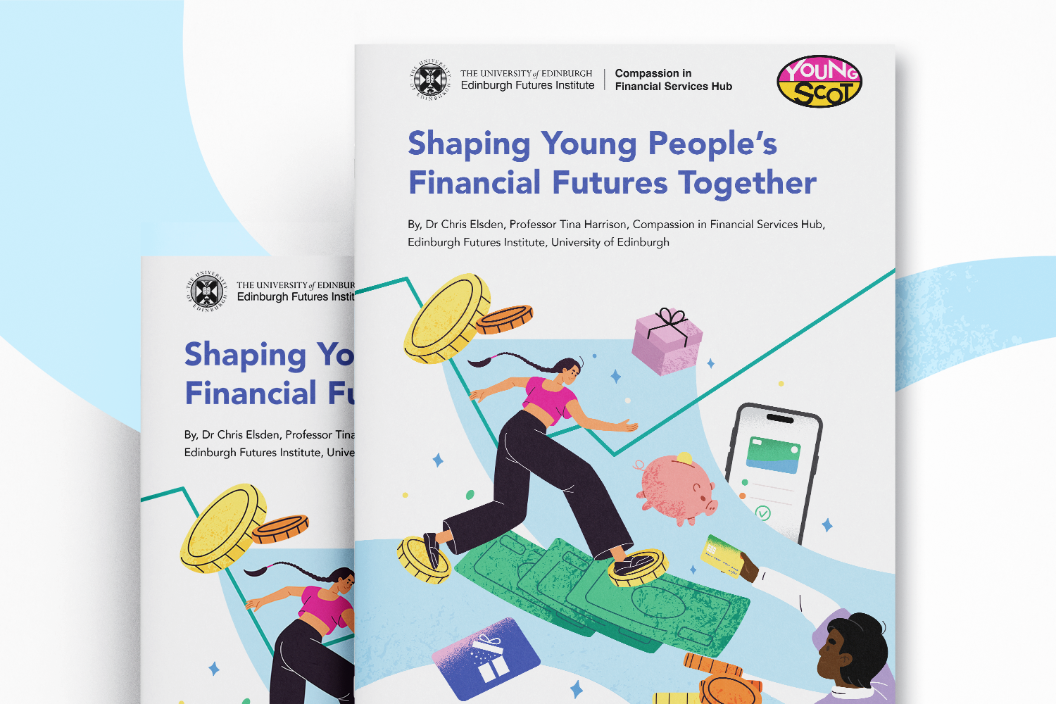 An animation of a young person standing on coins with money and finance products swirling around her underneath the report title which says Shaping Young People's Financial Futures Together
