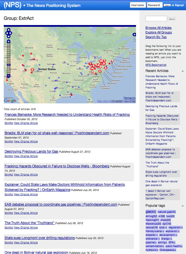 News Positioning System showing oil/gas related news stories a few weeks after its launch.