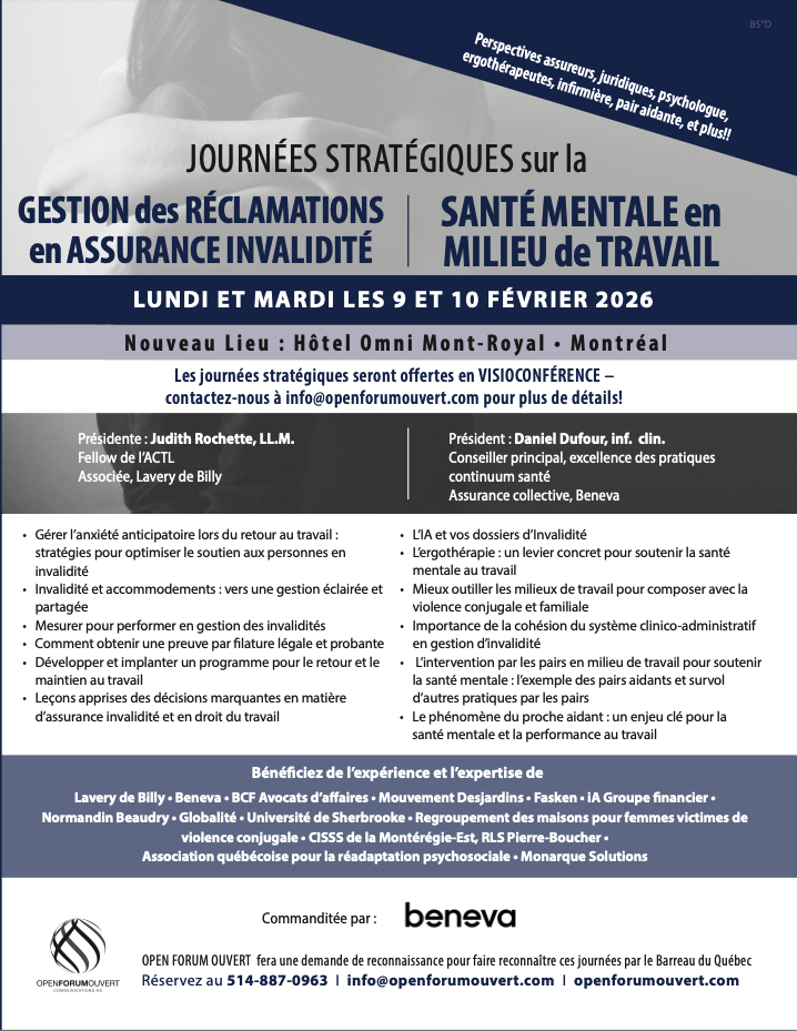 Journées stratégiques sur la Gestion des réclamations en ASSURANCE INVALIDITÉ et sur la SANTÉ MENTALE AU TRAVAIL- EN VIRTUEL