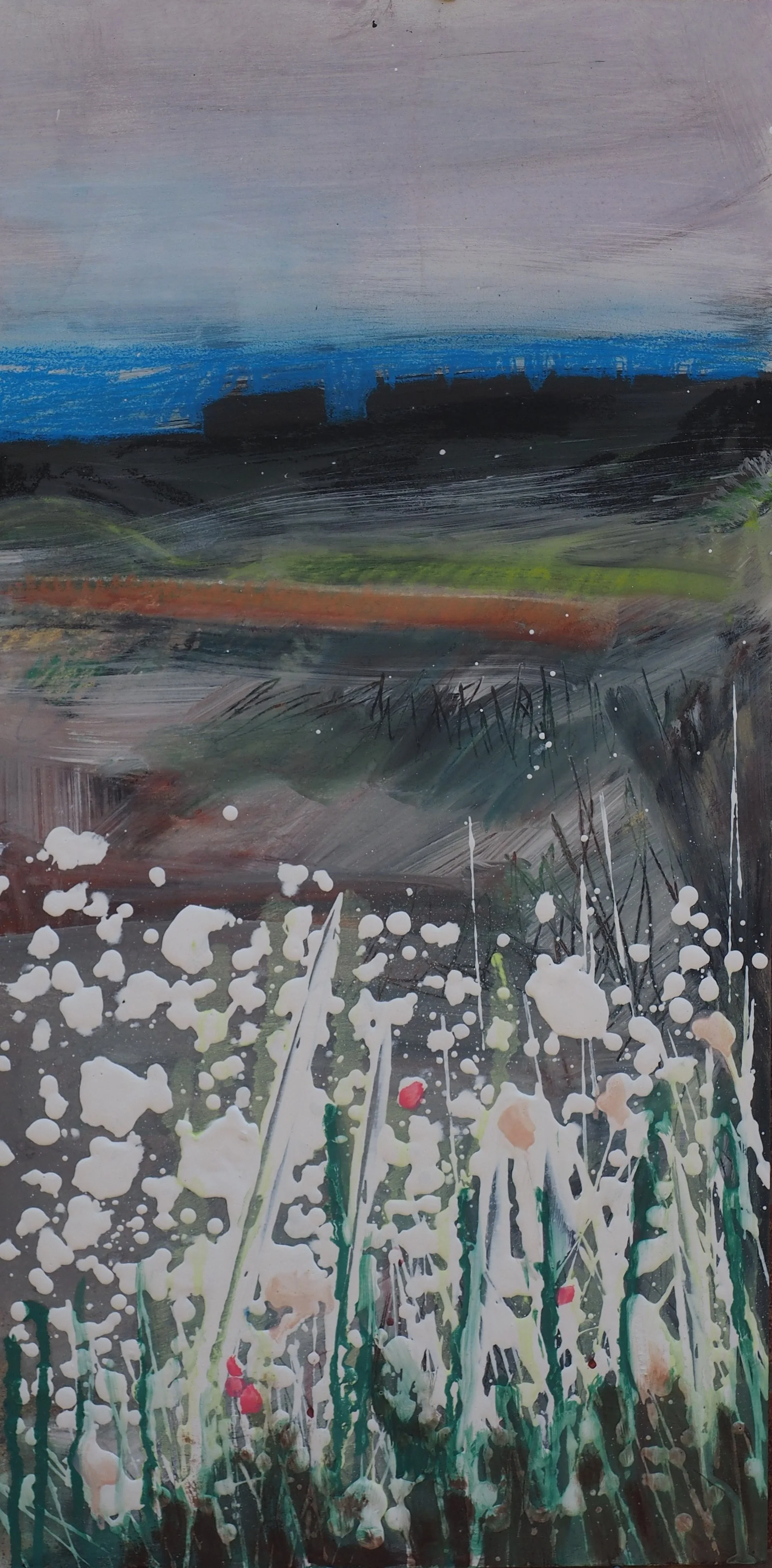 Rockfield Village from Tarbert Ness 1.Mixed media on board. 61x30cms