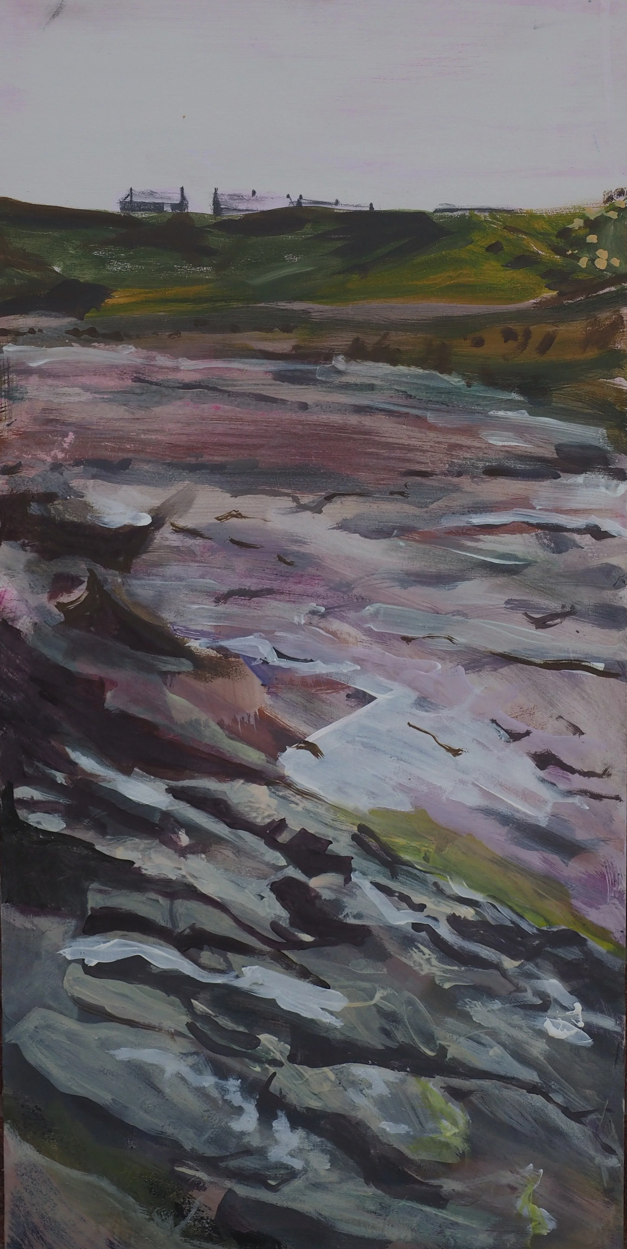 Rockfield Village  from Tarbert Ness 2.Mixed media on board. 61x30 cms