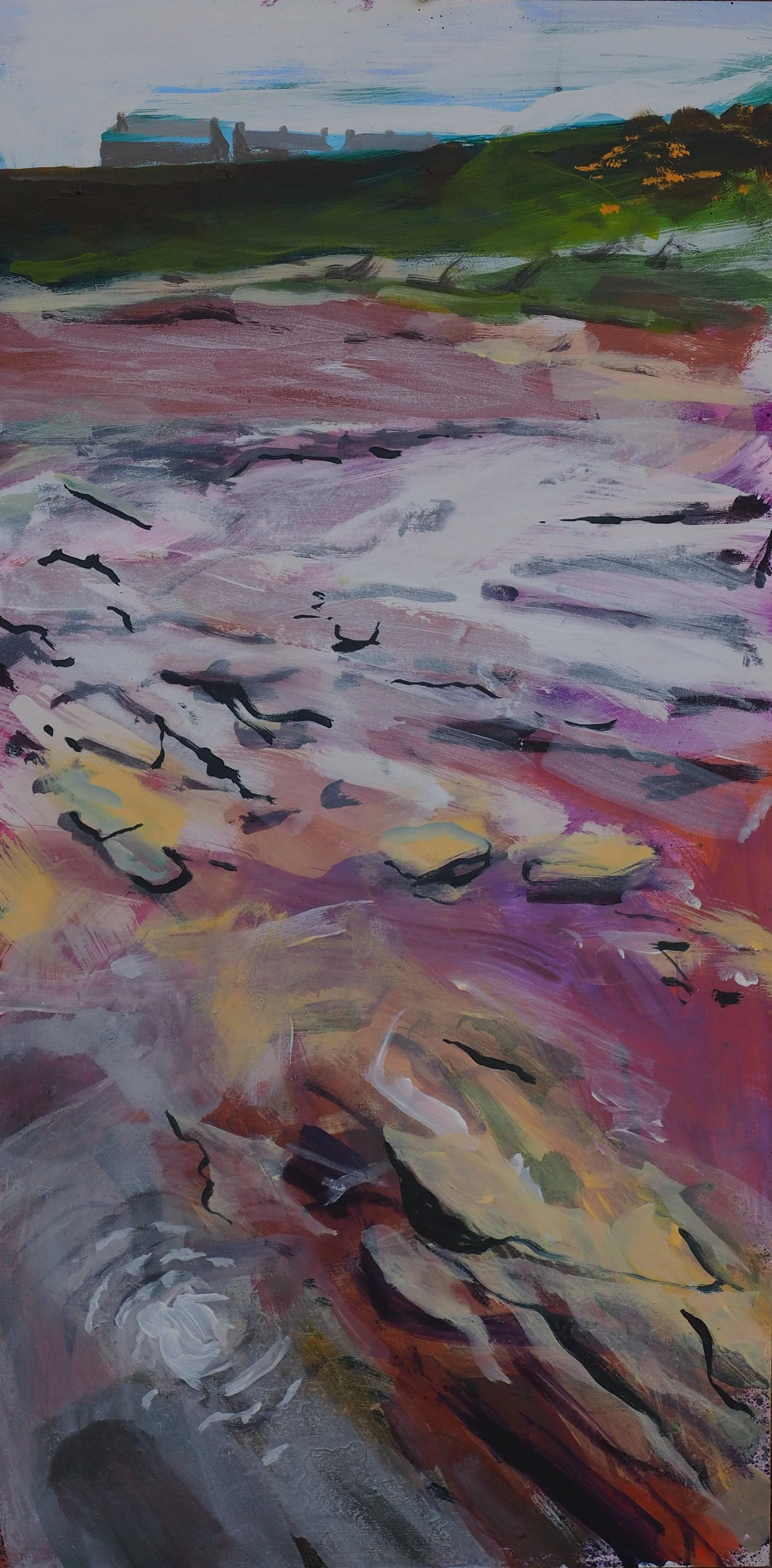 Rockfield Village  from Tarbert Ness 3. Mixed media on board. 61x30 cms