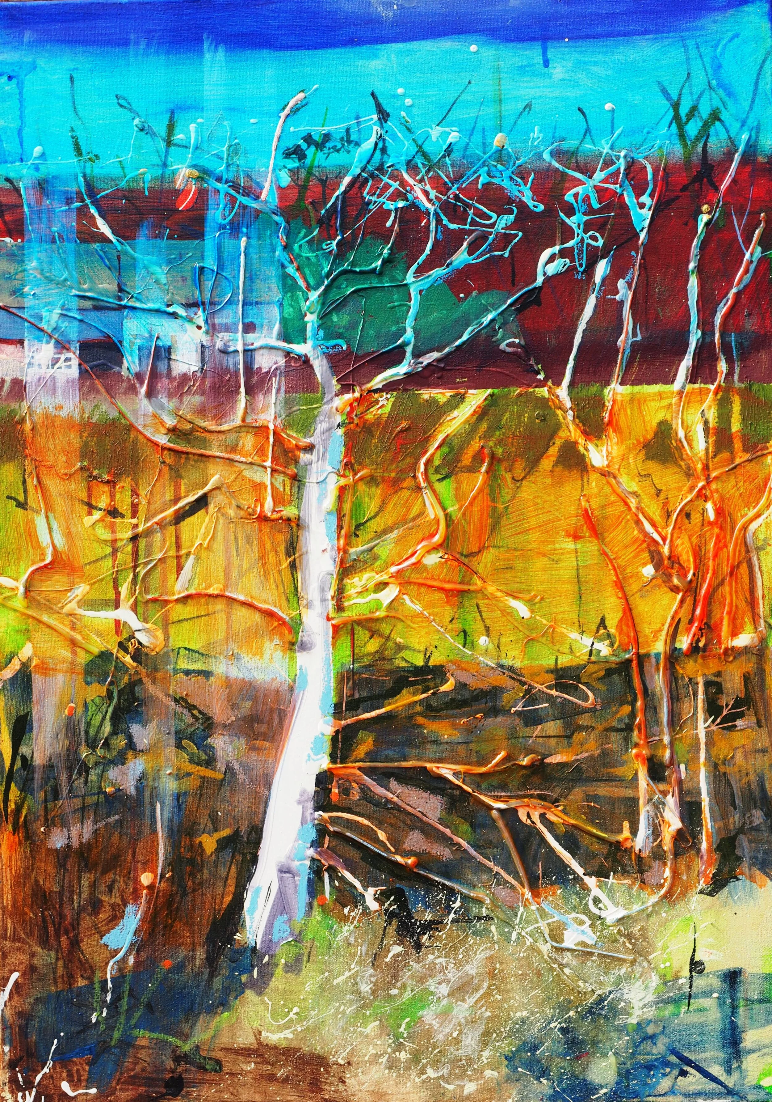 Perthshire Hedge 1 :- Acrylics and oils on board  61 x 40 cms