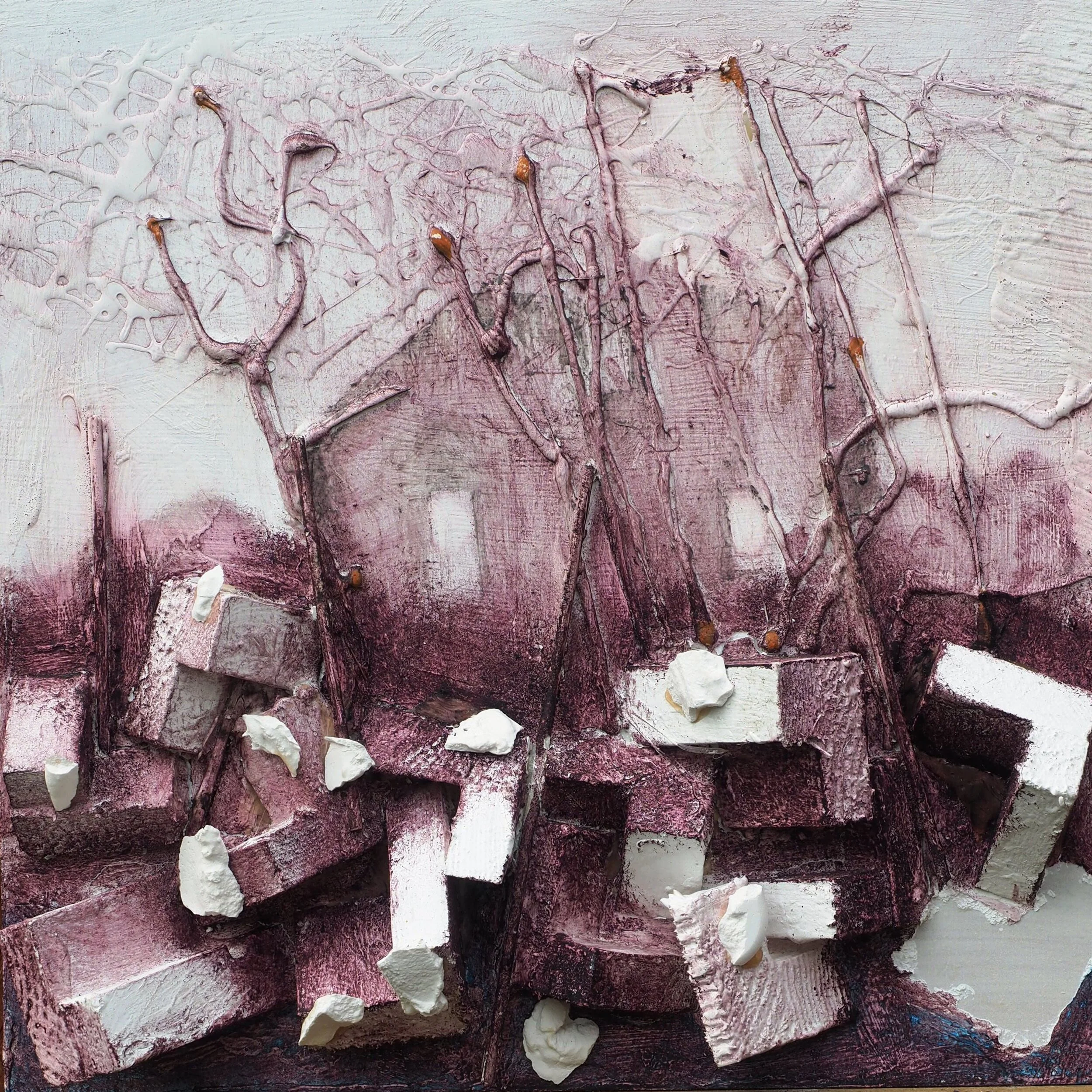 House and Wall, Macclesfield Forest :- Mixed media on board  30 x 30 cms