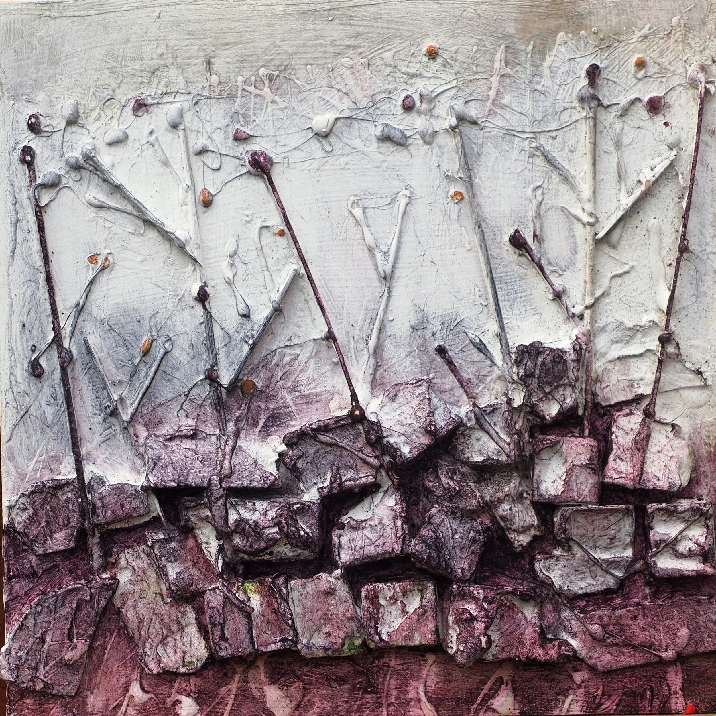 Wall and Plantscreen, Macclesfield Forest :- Mixed media on board 30 x 30 cms
