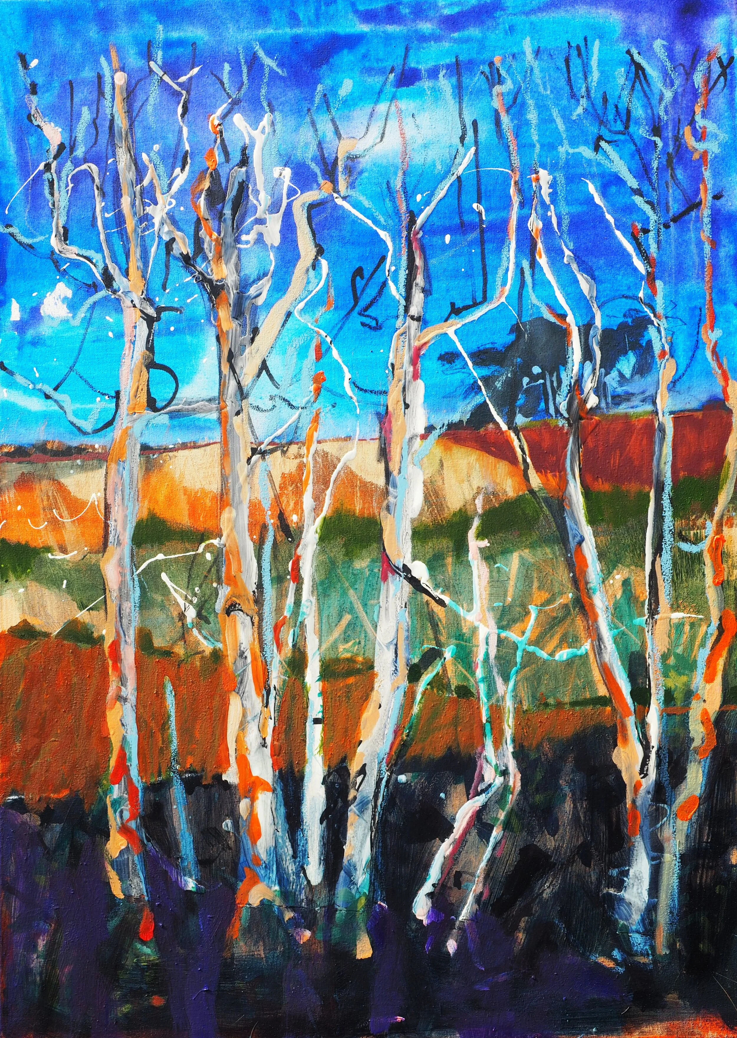 Perthshire Hedge 2 :- Acrylics and oils on canvas 70 x 50 cms