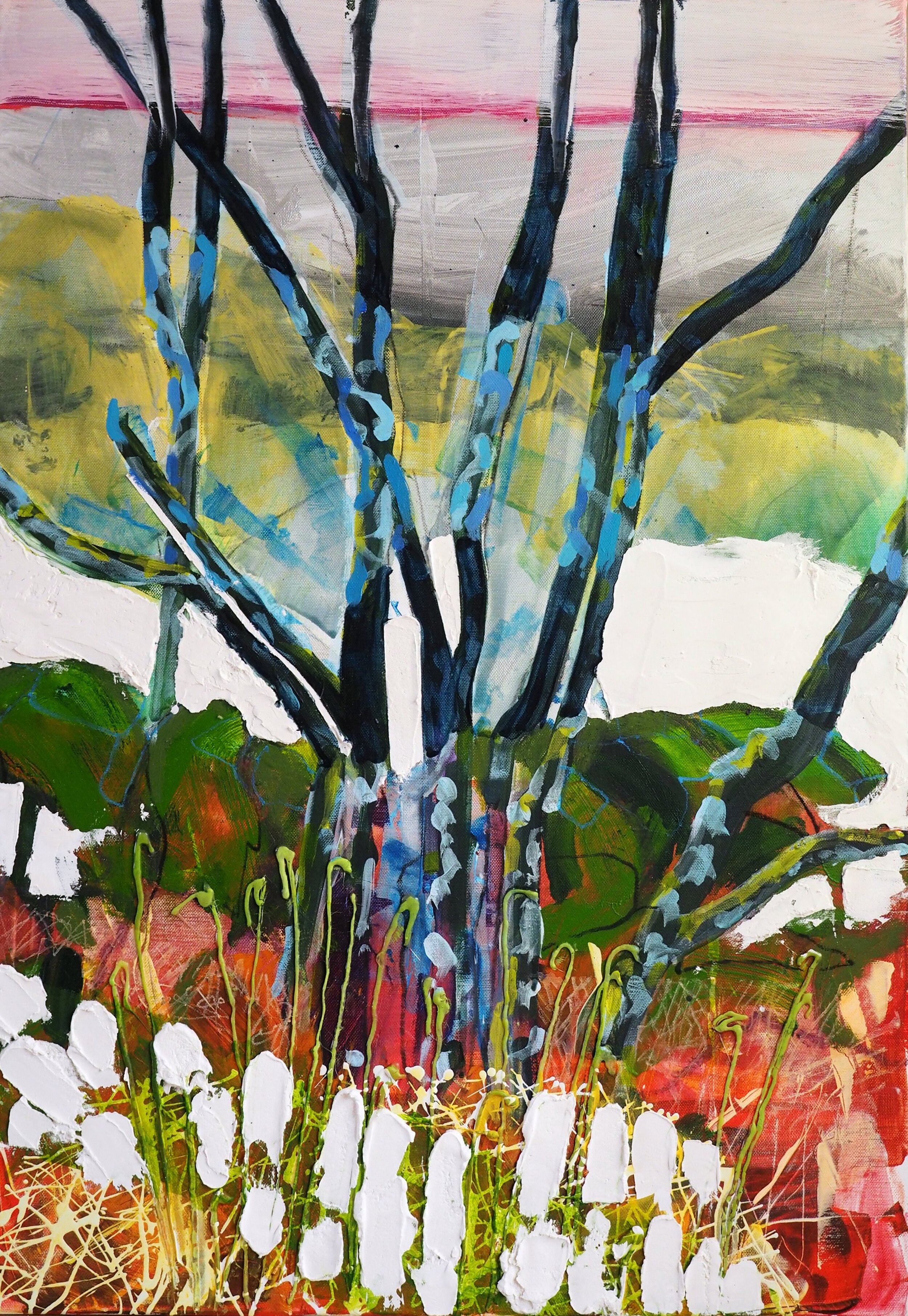 Scrub Trees and Tain bay, near Portmahomack :- Acrylics and oils on canvas 84 x 60 cms