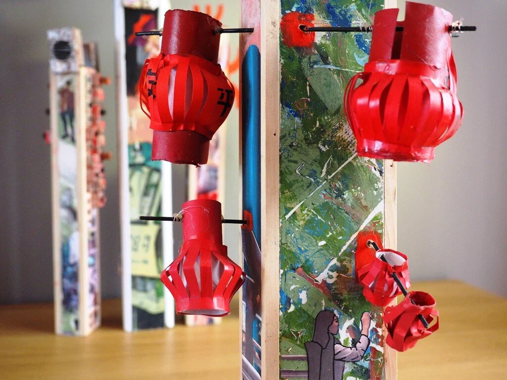 Hong Kong Stacks :- 3D mixed media. Series of 7. From 50 x 15 cms  to 115 x 25 cms high