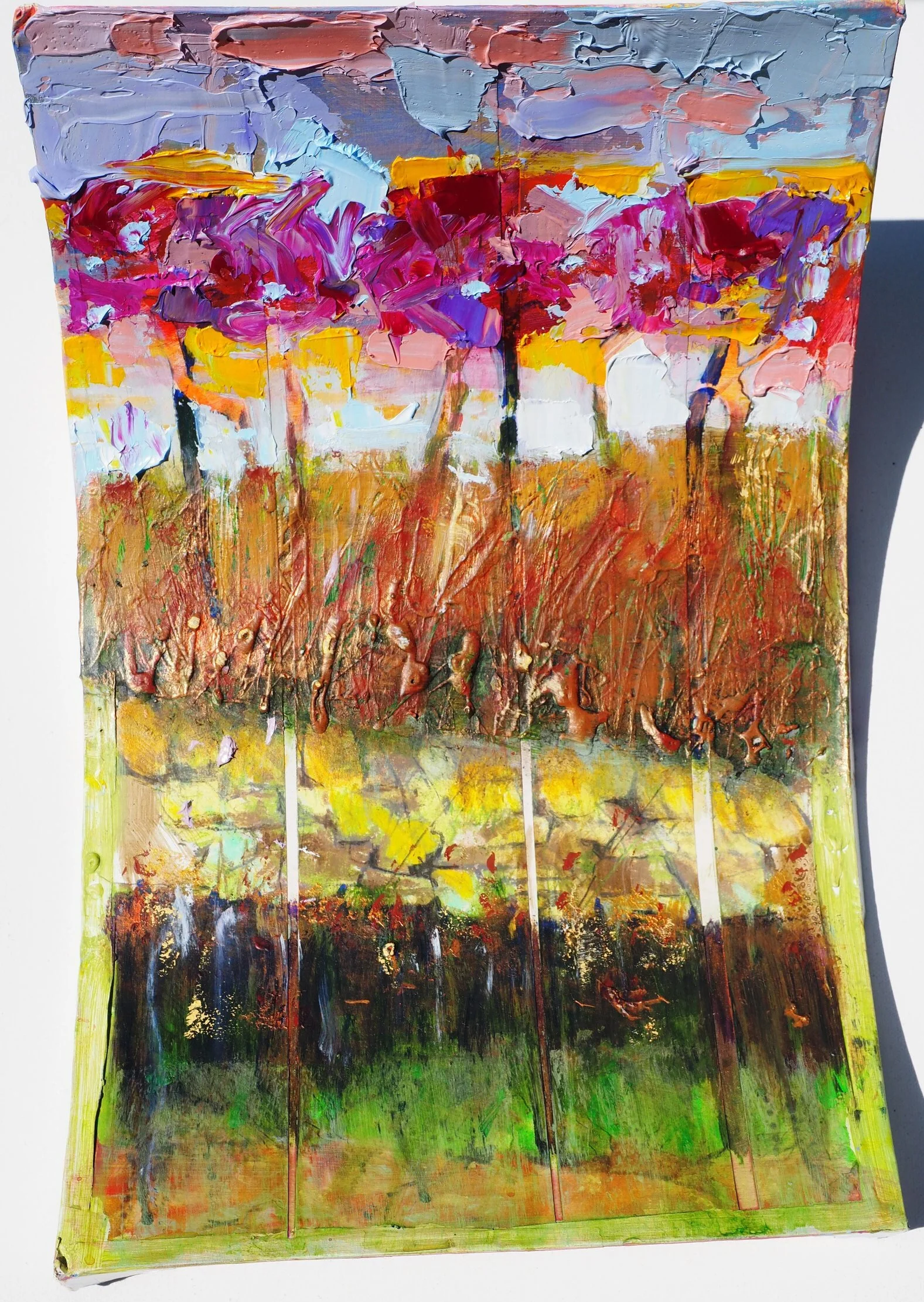 Autumn blooms with wall. Curved relief on card.Acrylics and oils. 62x37 cms