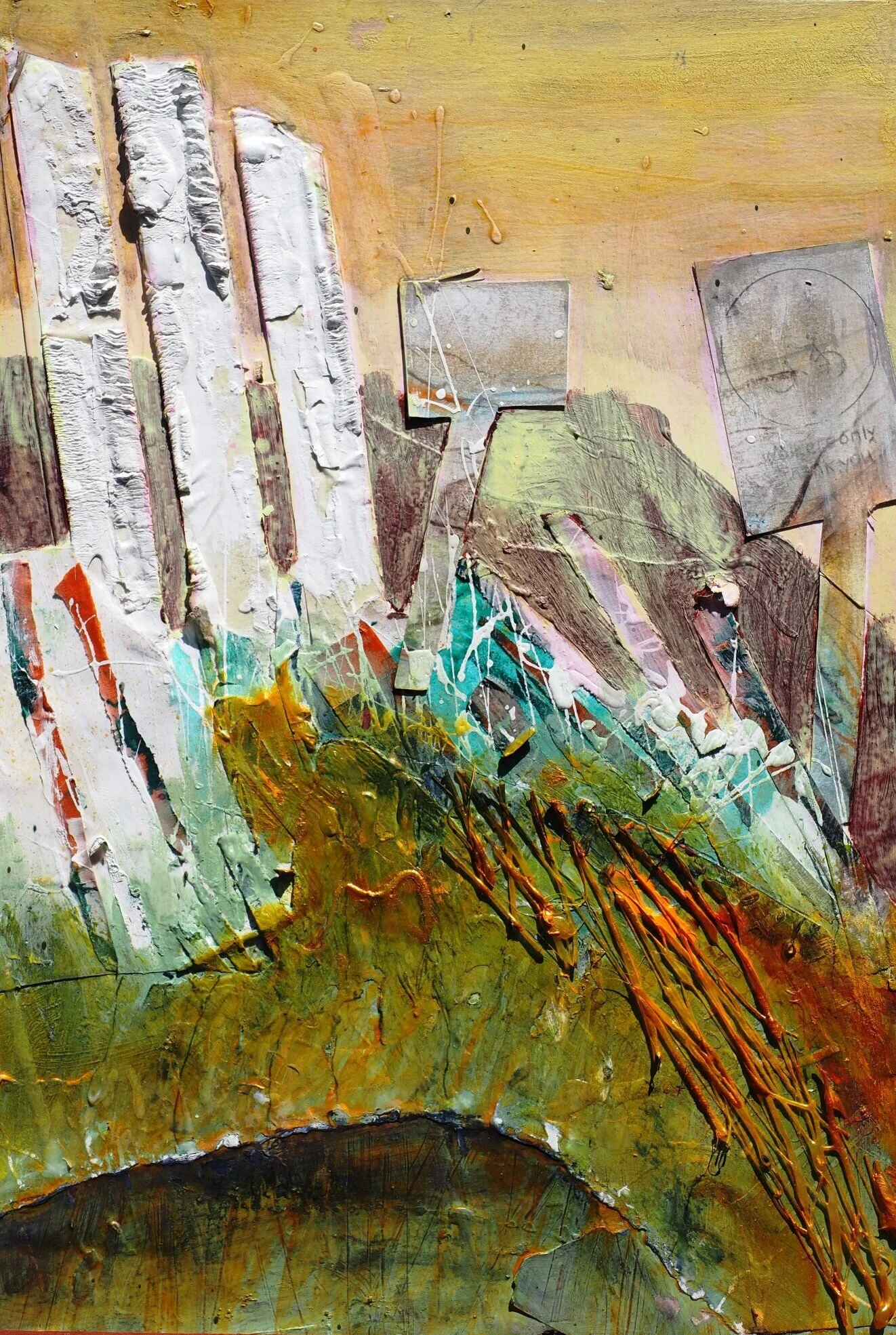 Macclesfield Forest. Bank and signs. Mixed media on board. 42x29 cms