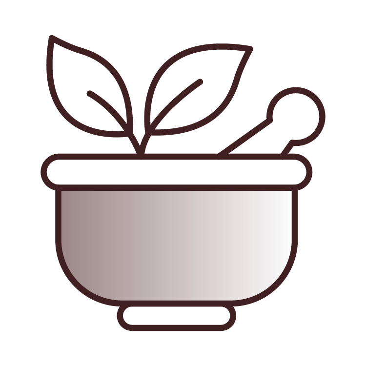 Icon of a mortar and pestle with leaves, representing herbal medicine or natural remedies.