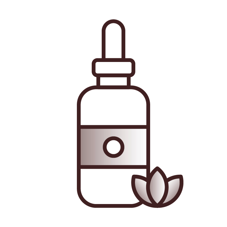 A silhouette of a brown bottle with a white label and a black circle on it, next to a white lotus flower symbol.