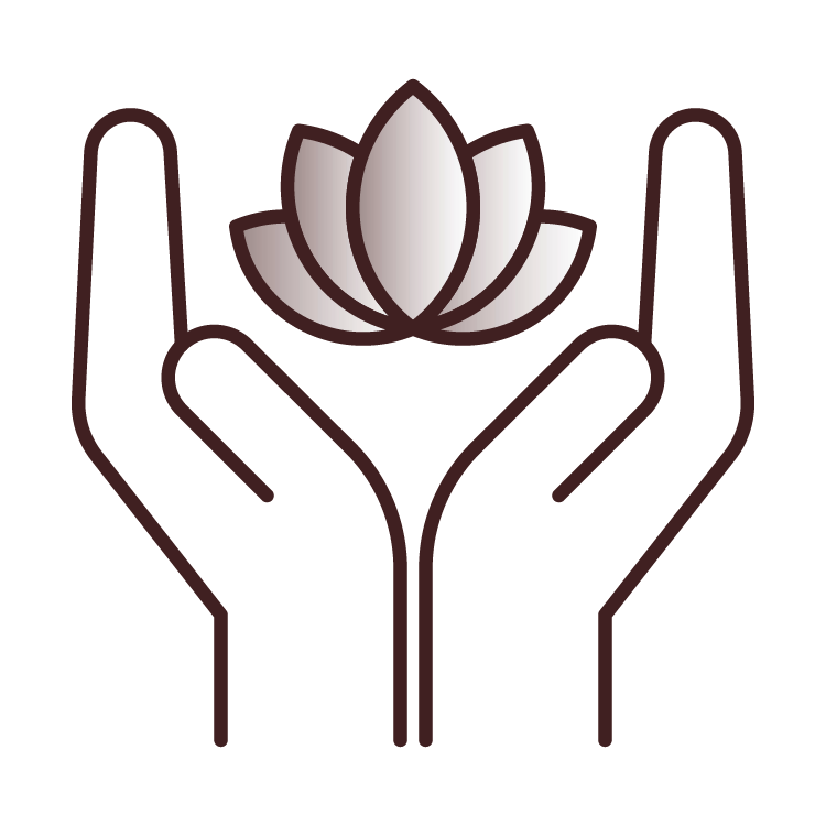 Illustration of two open hands gently holding a blooming lotus flower.