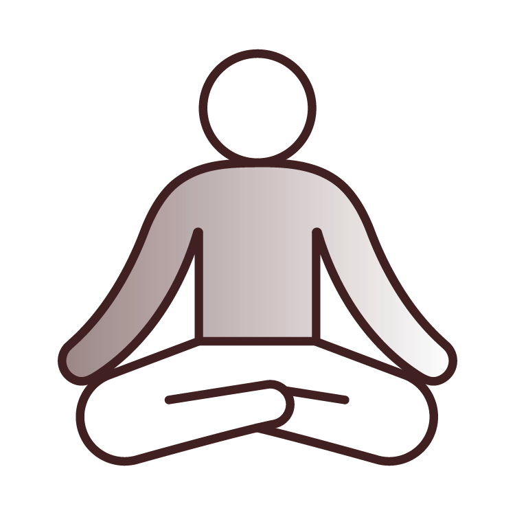 Simple line drawing of a person sitting cross-legged in a meditative posture with hands resting on knees.