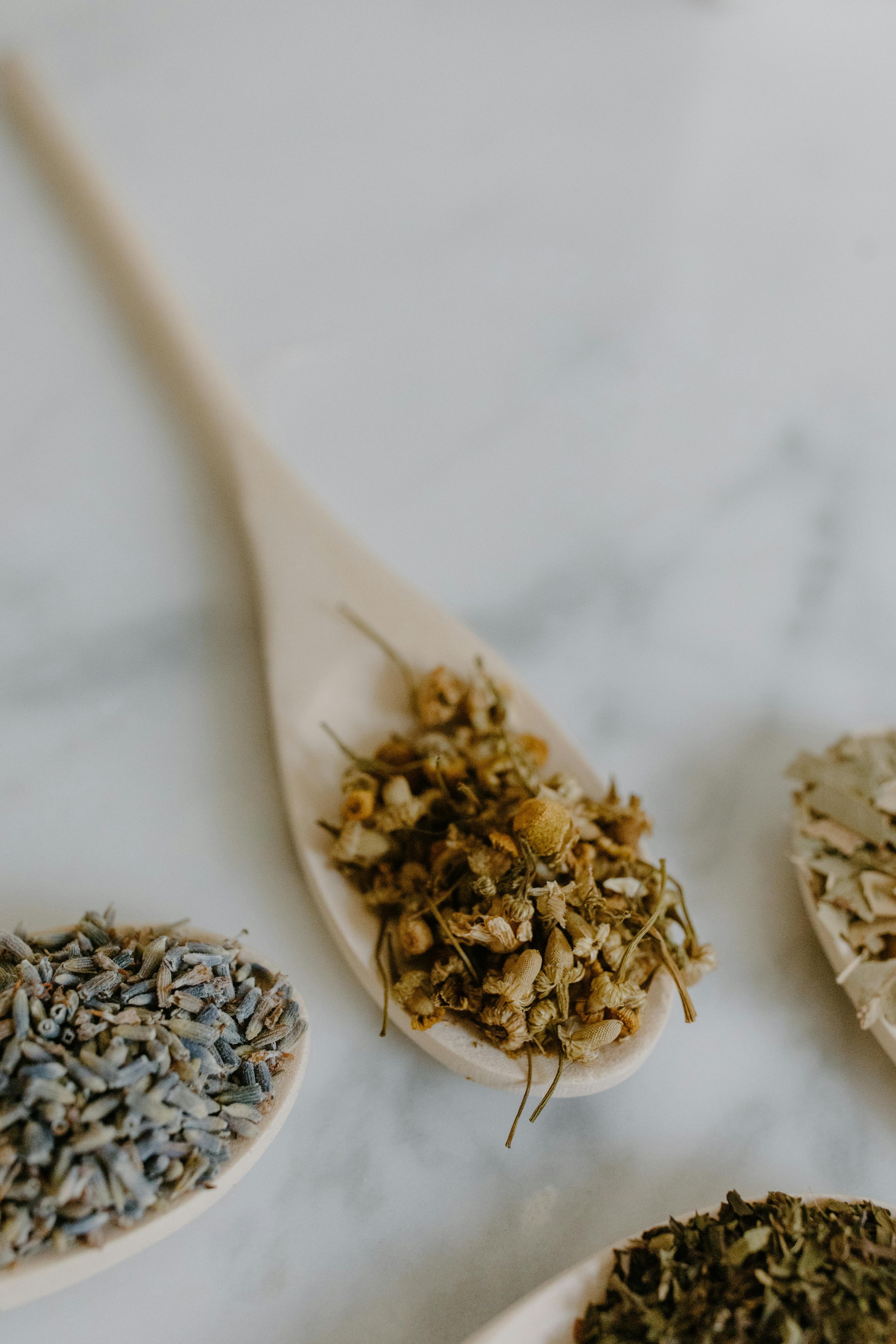 Dried herbs in small white spoon, with other herbal spices partially visible in the background.