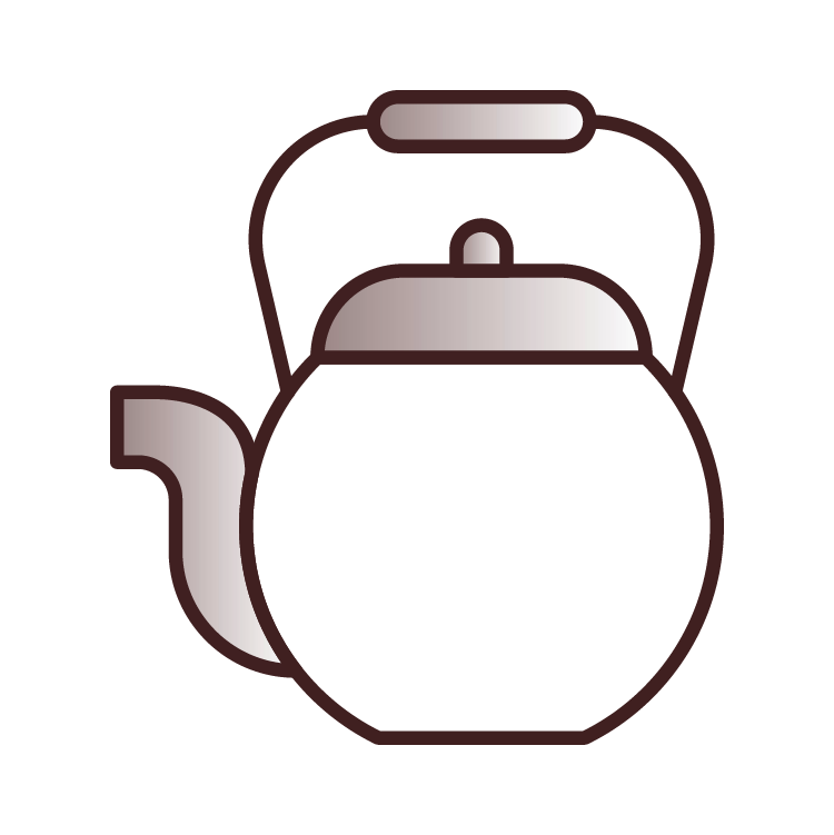 Simple line drawing of a stovetop kettle with a handle on top and a spout on the side.