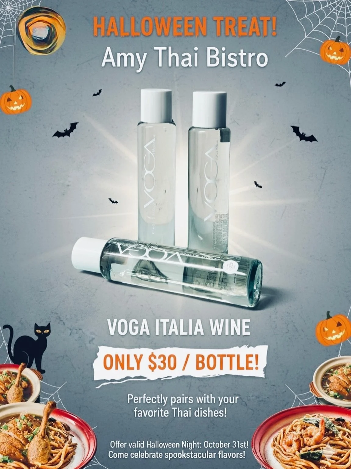 🎃 HALLOWEEN TREAT! 👻 Wine and Thai is the perfect pair!
Celebrate Halloween Night at Amy Thai Bistro with a special offer on VOGA Italia Wine&mdash;ONLY $30 / BOTTLE!

WWW.AMYTHAIBISTRO.COM
🏠 :  545 FLATBUSH AVE, BROOKLYN, NY 11225
☎️. :  718~462~