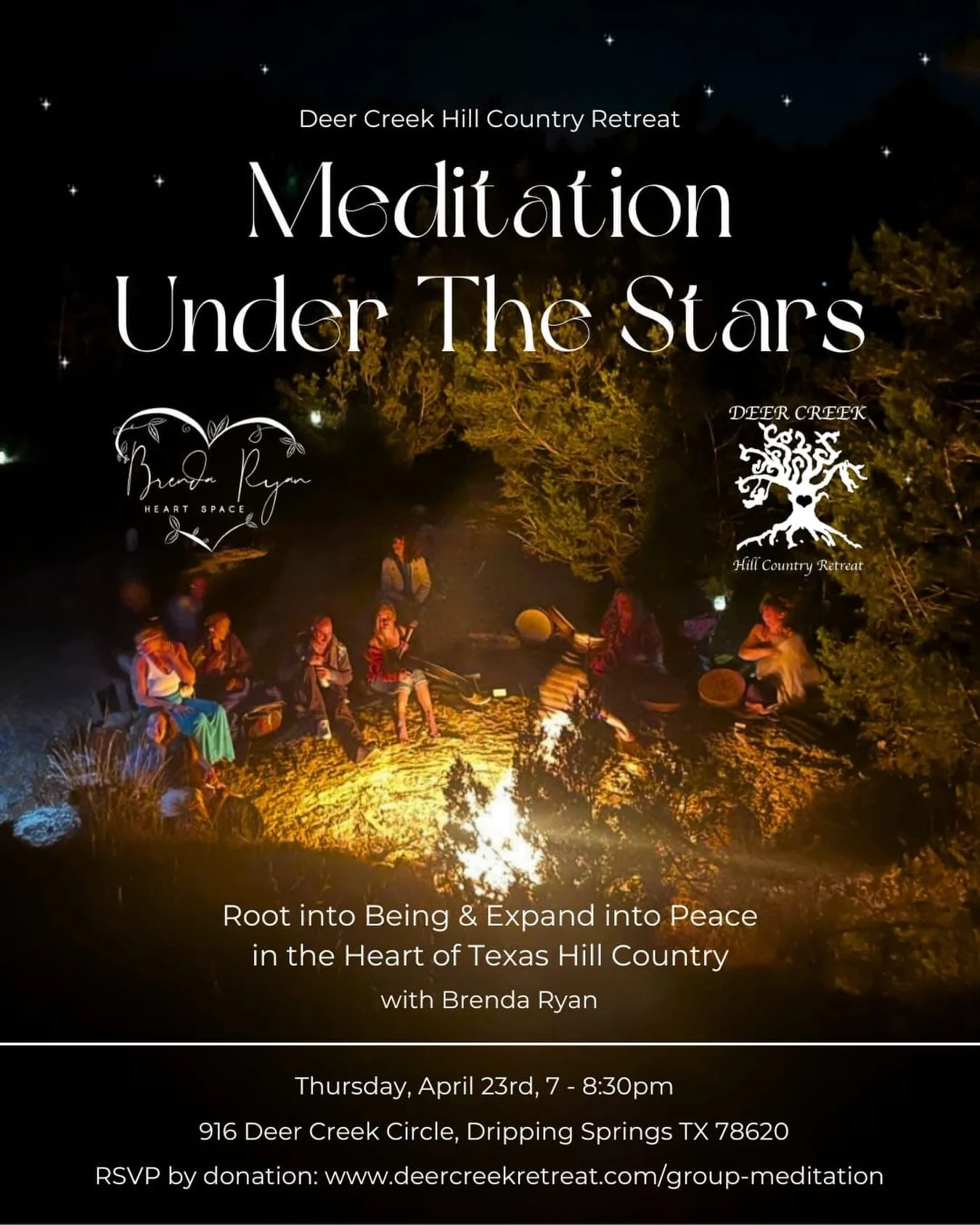 Join us for a community meditation under the stars, this Thursday from 7-8:30pm 🙏✨
More information and RSVP by donation at deercreekretreat.com (link in bio)
@brendaryanheartspace 💚