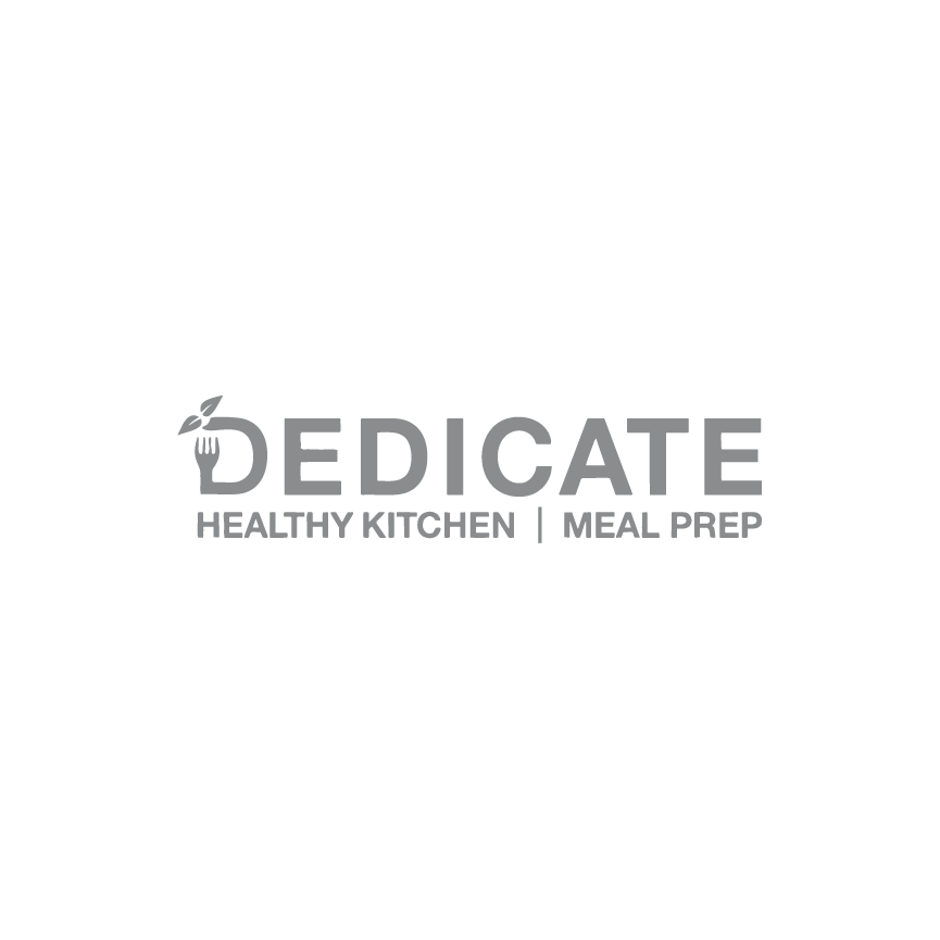 Logo for Dedicate Healthy Kitchen and Meal Prep with text and a leaf and fork design.