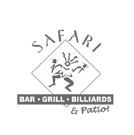 Logo of Safari Bar Grill Billiards with abstract figures and text."