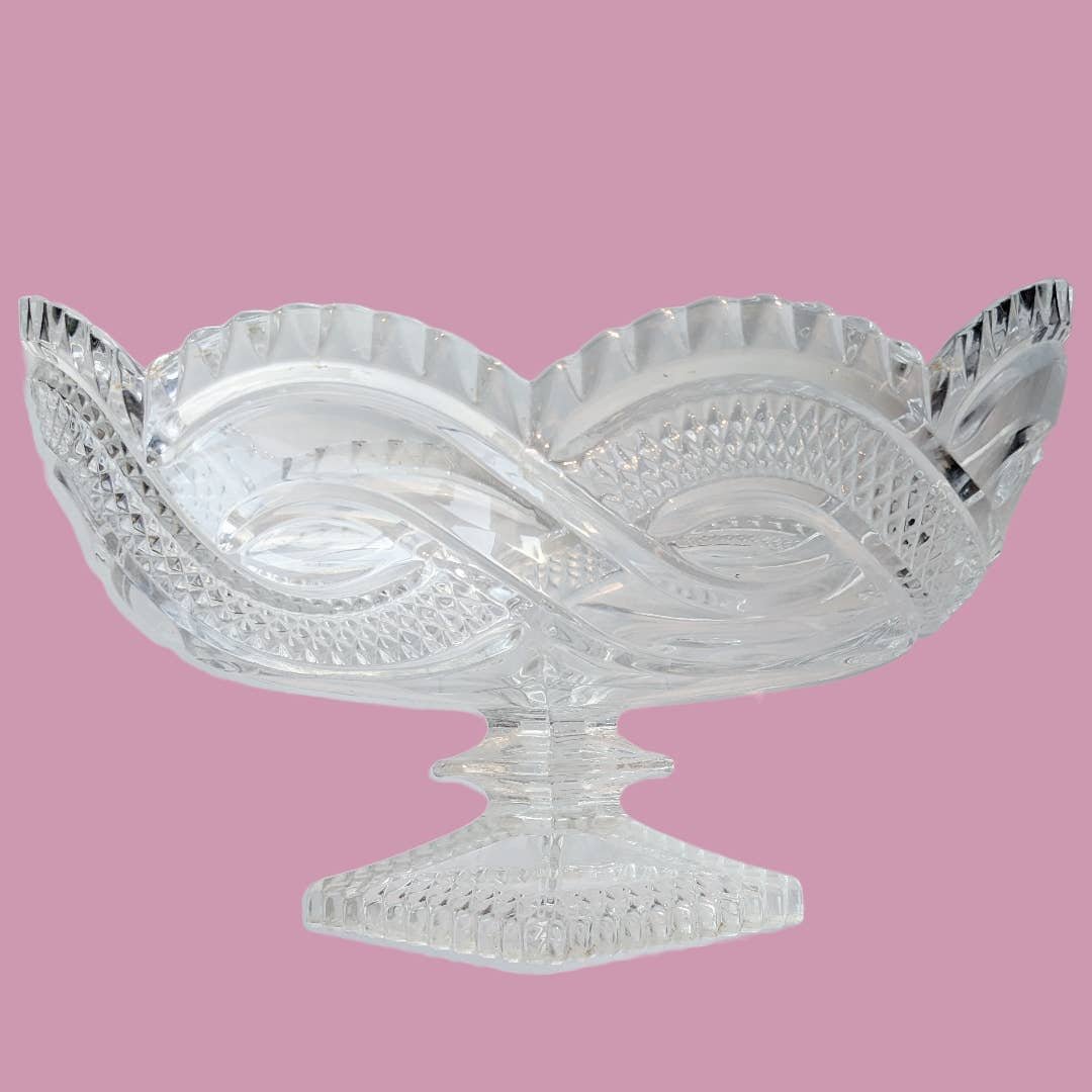 Vintage 1960s Cut Lead Crystal Footed Gondola Bowl by Bohemia Crystal